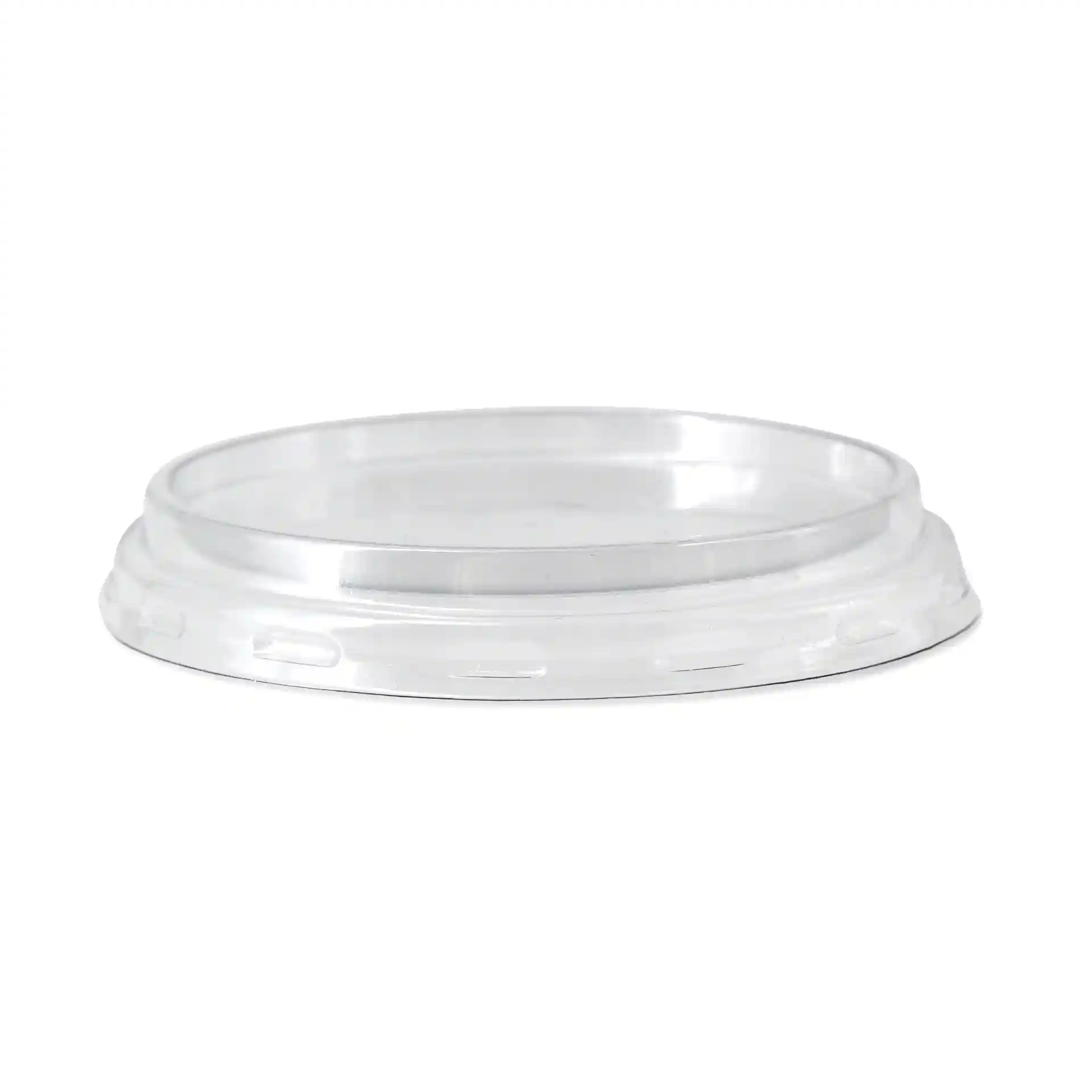 Transparent round rPET lid with a diameter of 75 mm and a height of 11 mm, shown from the side.