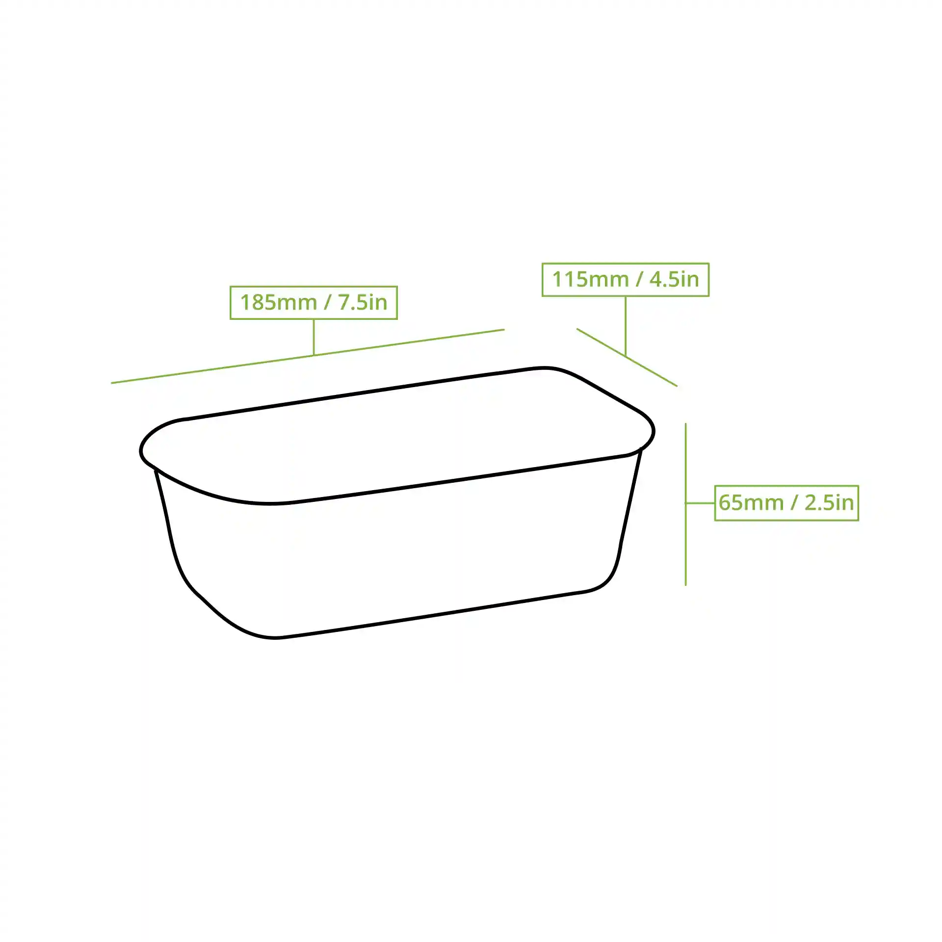Schematic drawing of a rectangular container with dimensions labeled: 185mm length, 115mm width, and 65mm height.