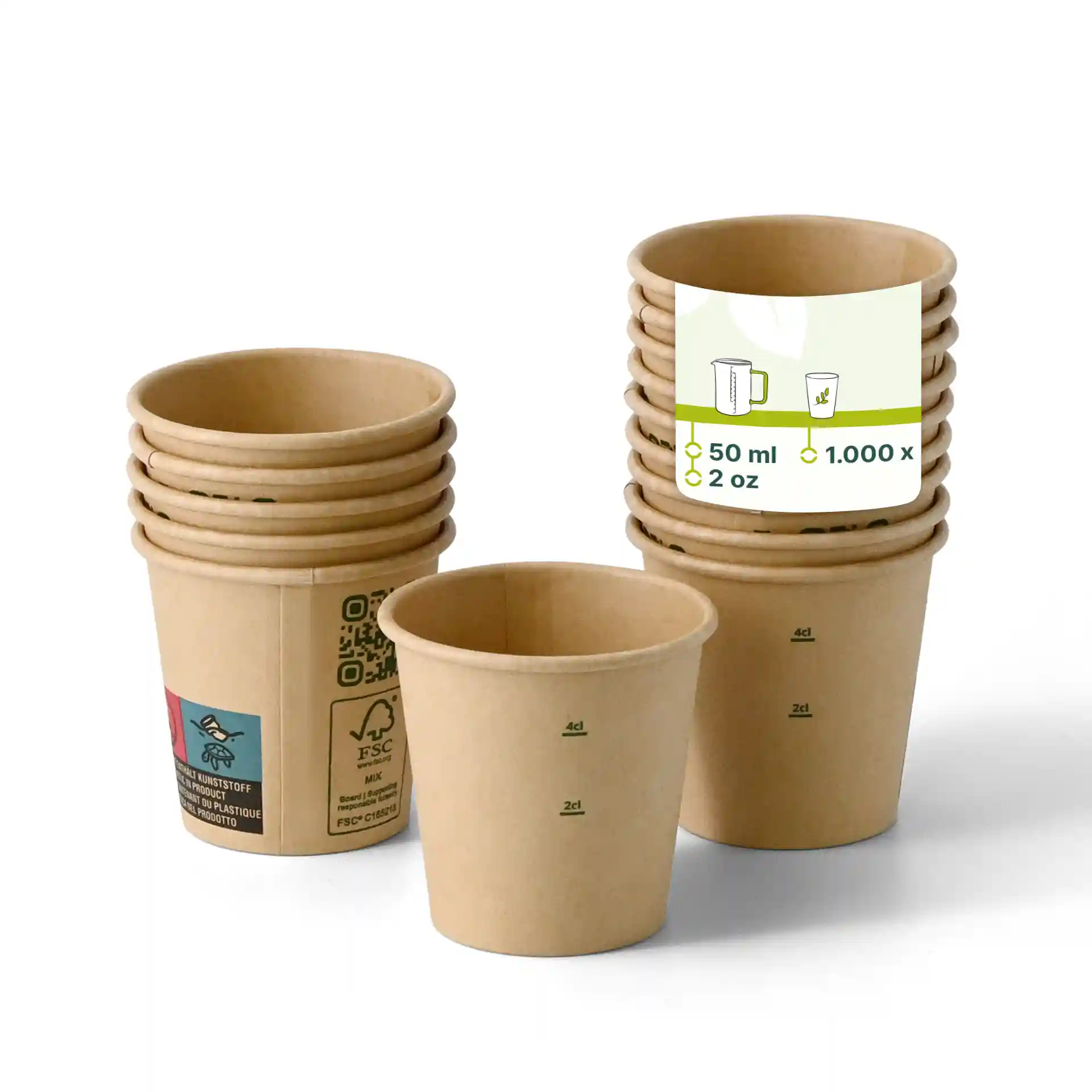Brown paper cup with a diameter of 50 mm, shown with several stacked cups and one upright.