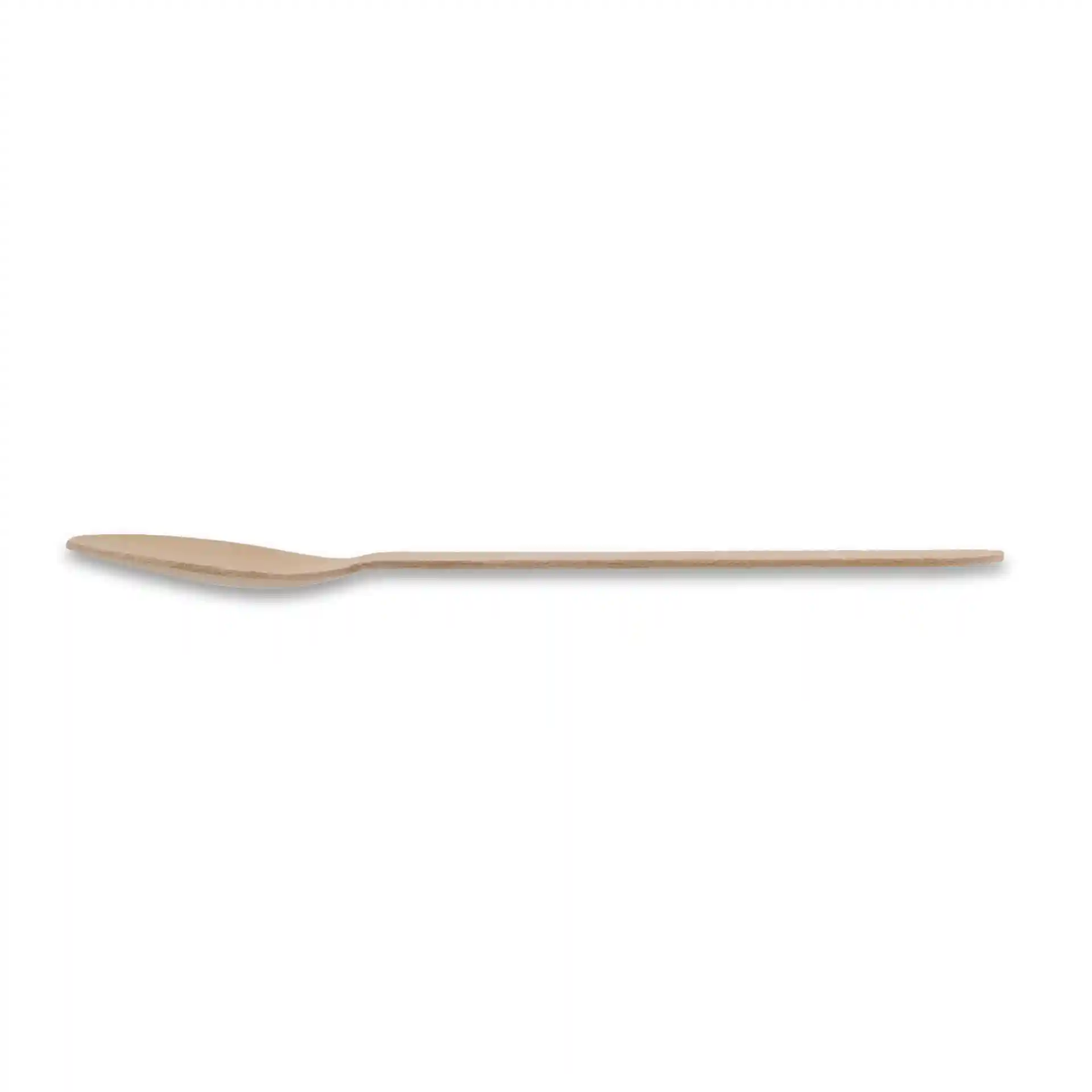 Brown wooden spoon, 16 cm long, with a smooth surface and rounded end, on a plain background.