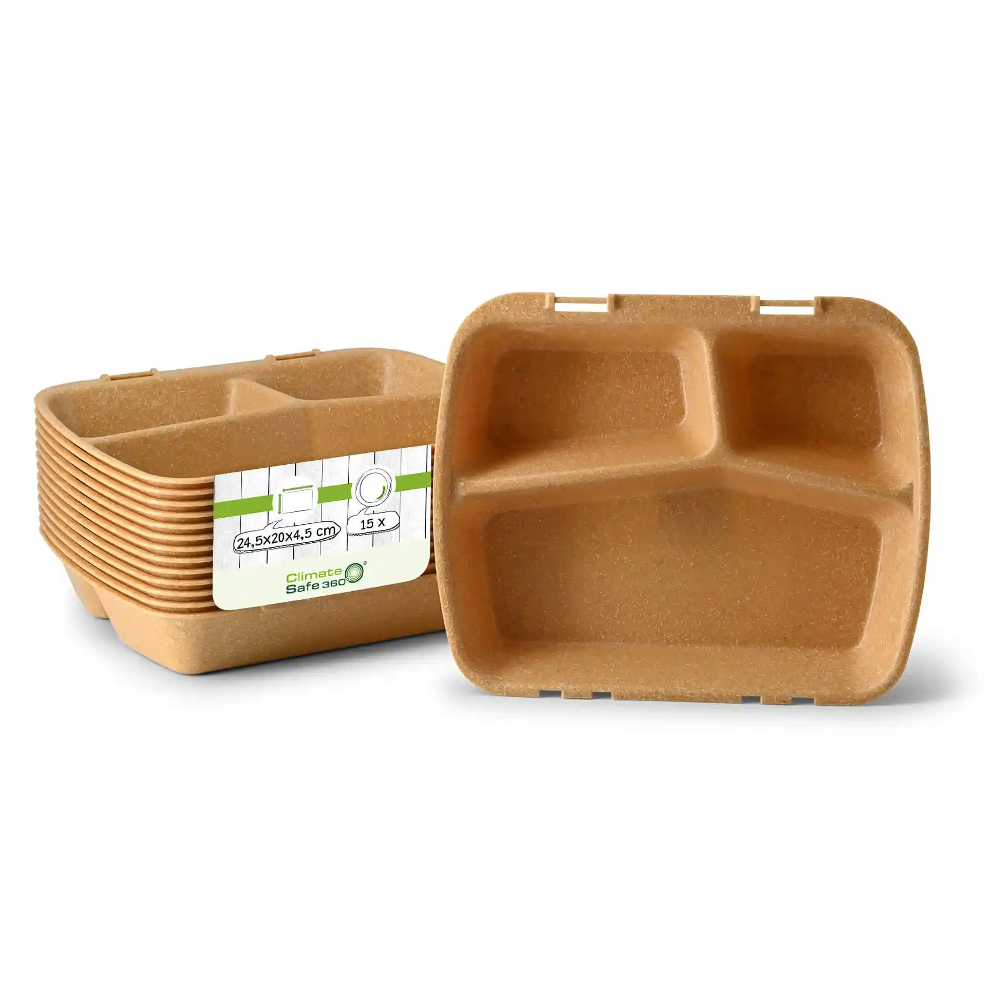 Brown reusable meal container with three compartments, dimensions 24.5 x 20 x 4.5 cm, shown stacked with a label.