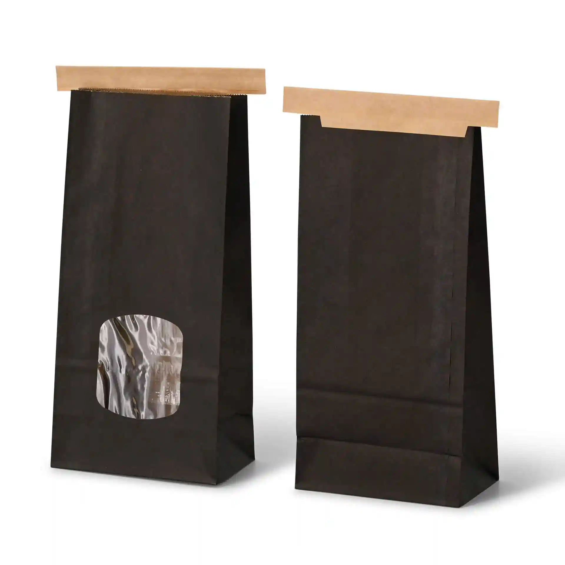Black block bottom bag with a kraft paper tin tie and a transparent viewing window, measuring 11.5 x 7 x 24.5 cm.