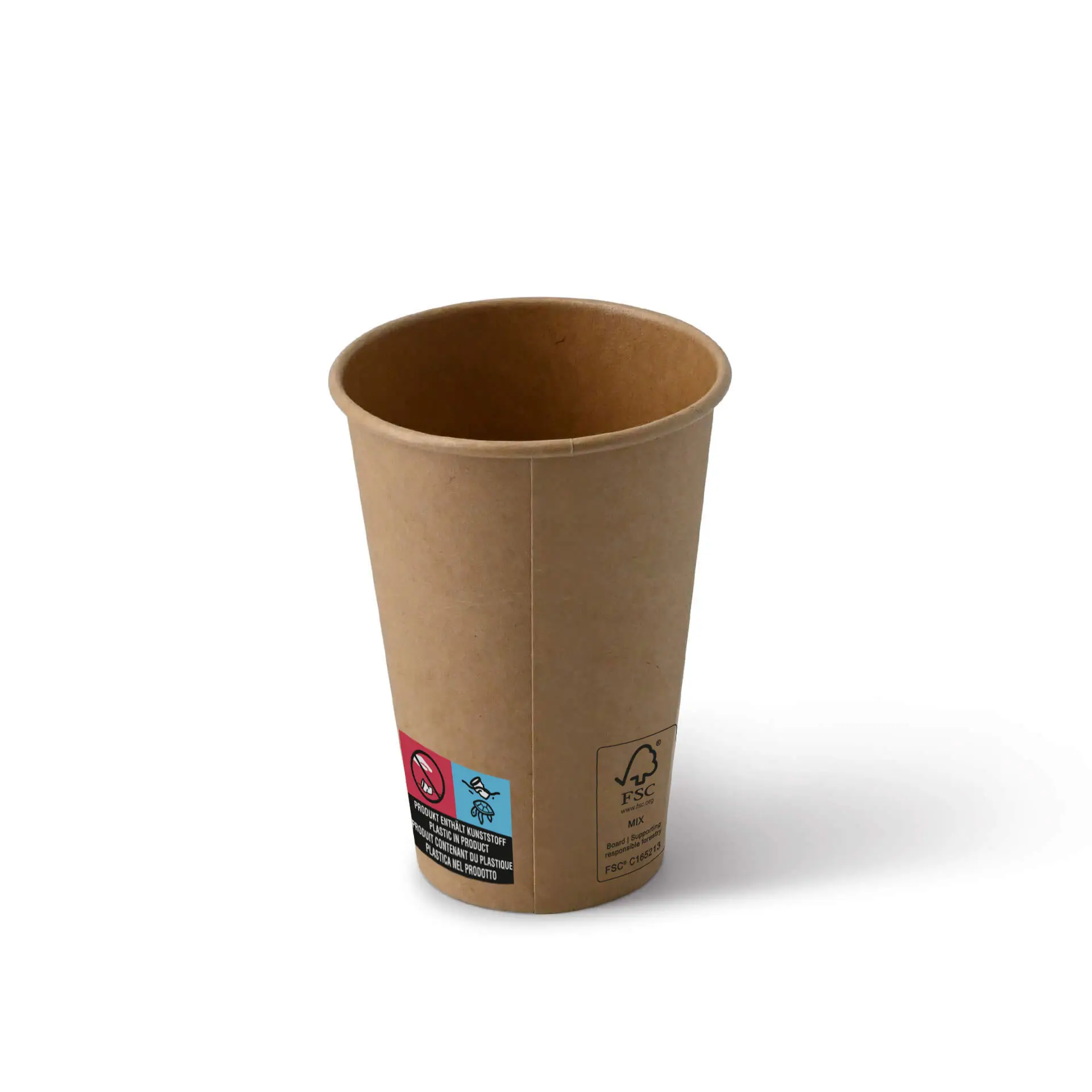 Brauner Pappbecher mit PE-Beschichtung für Automaten, Größe 7,5 oz; mit Klimaschutz- und Recyclingsymbolen.
