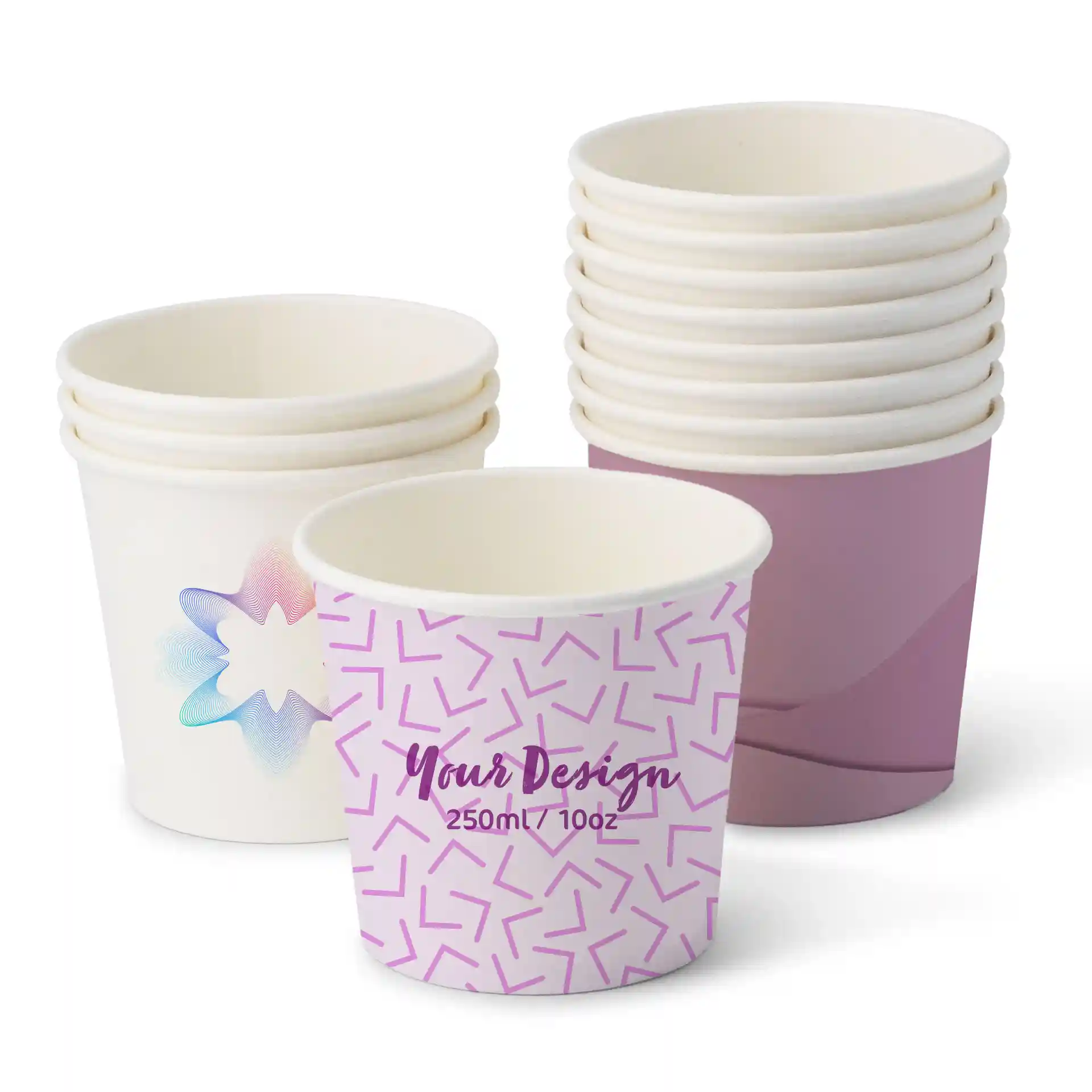 Round white ice cream cups with various designs, including a purple patterned cup and several plain cups stacked behind.