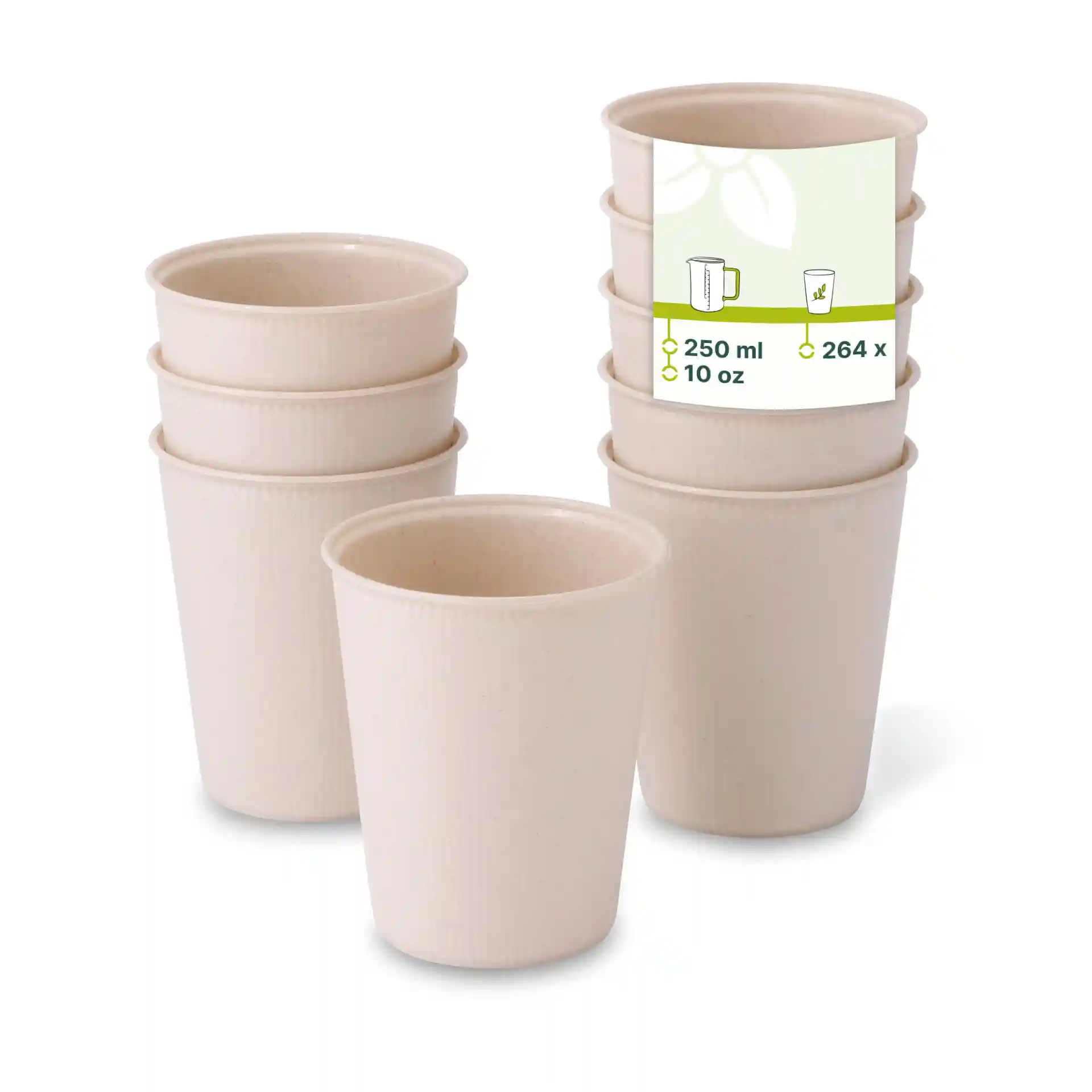Cream white reusable cups stacked, with a label showing capacity of 250 ml and dimensions.