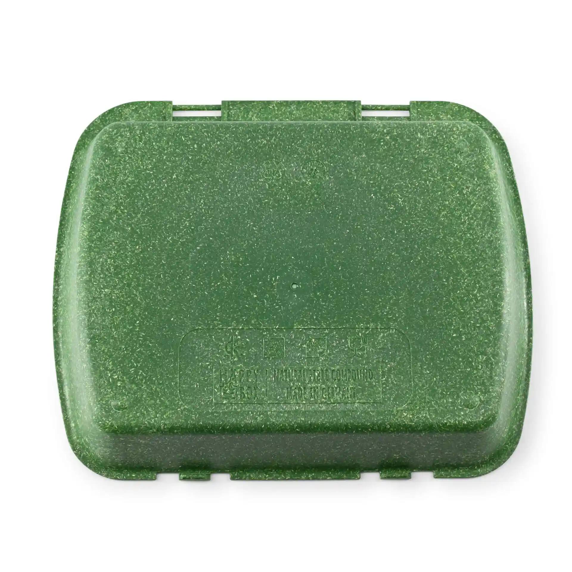 Rechteckiger grüner wiederverwendbarer Menübehälter mit gesprenkelter Oberfläche, 24,5 x 20 x 4,5 cm.