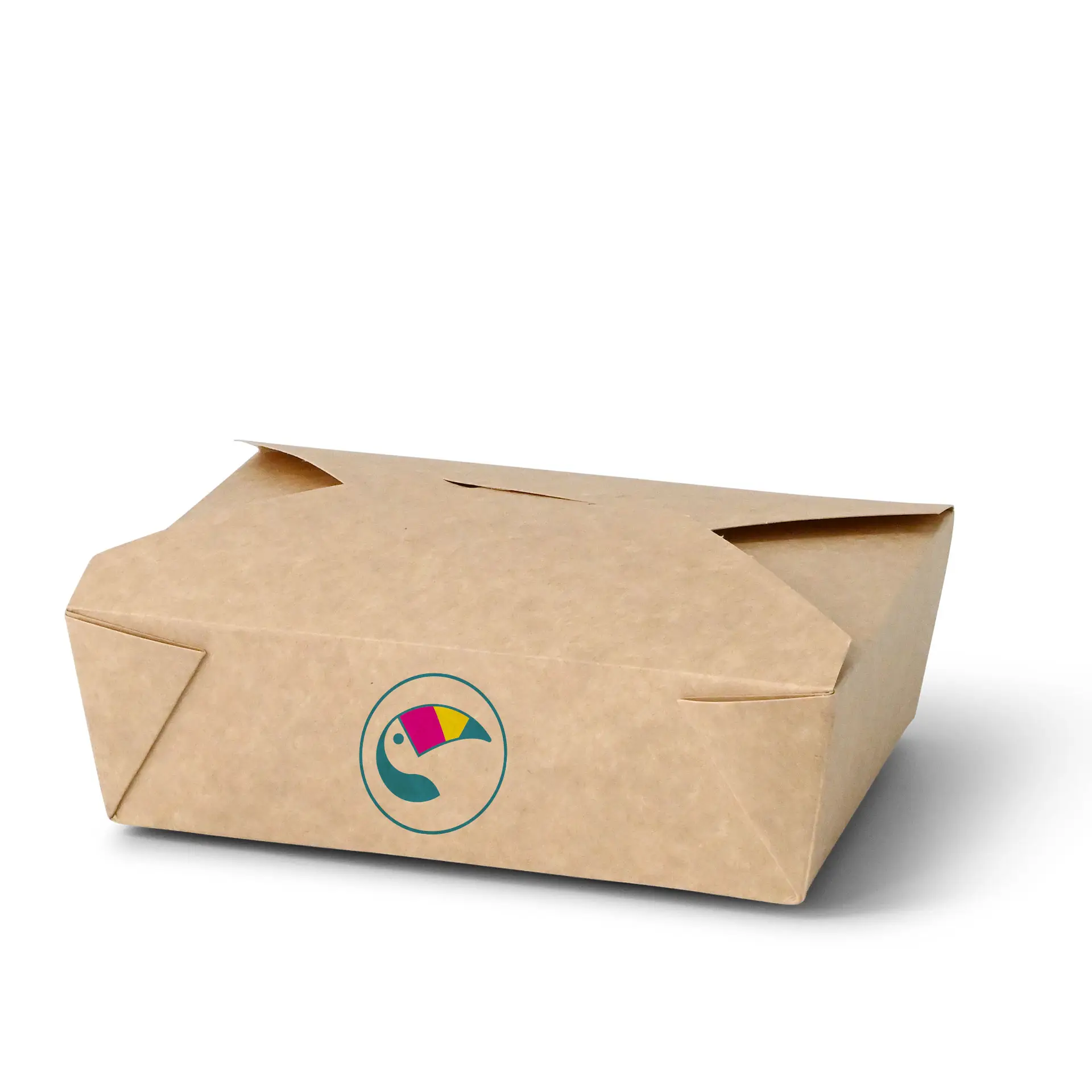 Individuell bedruckte Takeaway-Box aus braunem Karton, 1500 ml Größe, mit buntem Logo-Design.