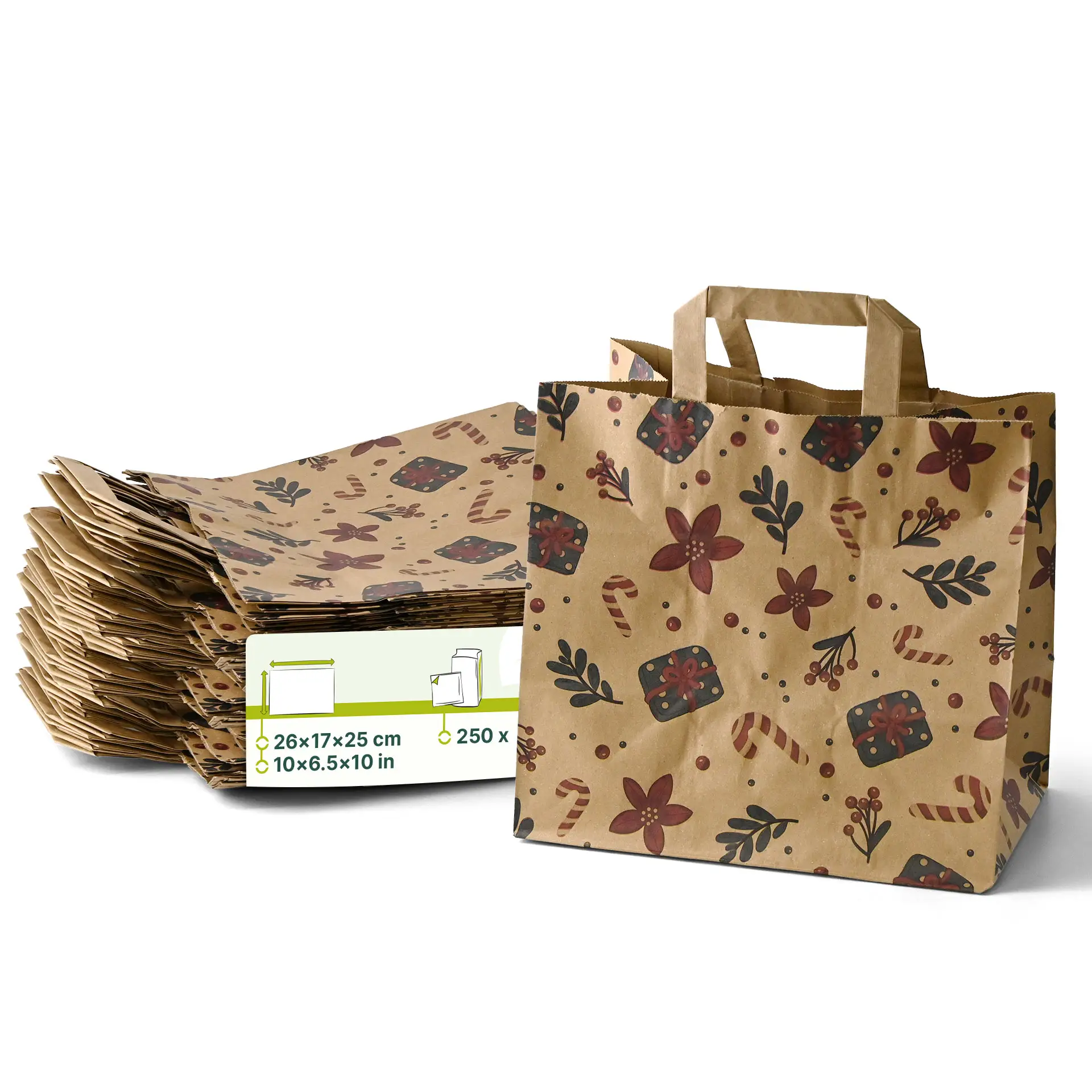 Braune Papiertasche mit Winterdesign, Maße 26x17x25 cm, gezeigt mit mehreren gefalteten Taschen dahinter.