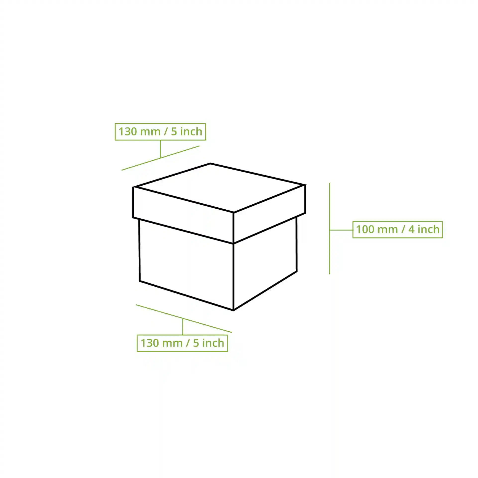 Schematische Zeichnung einer quadratischen Burgerbox mit den Maßen: 130 mm Länge, 130 mm Breite und 100 mm Höhe.