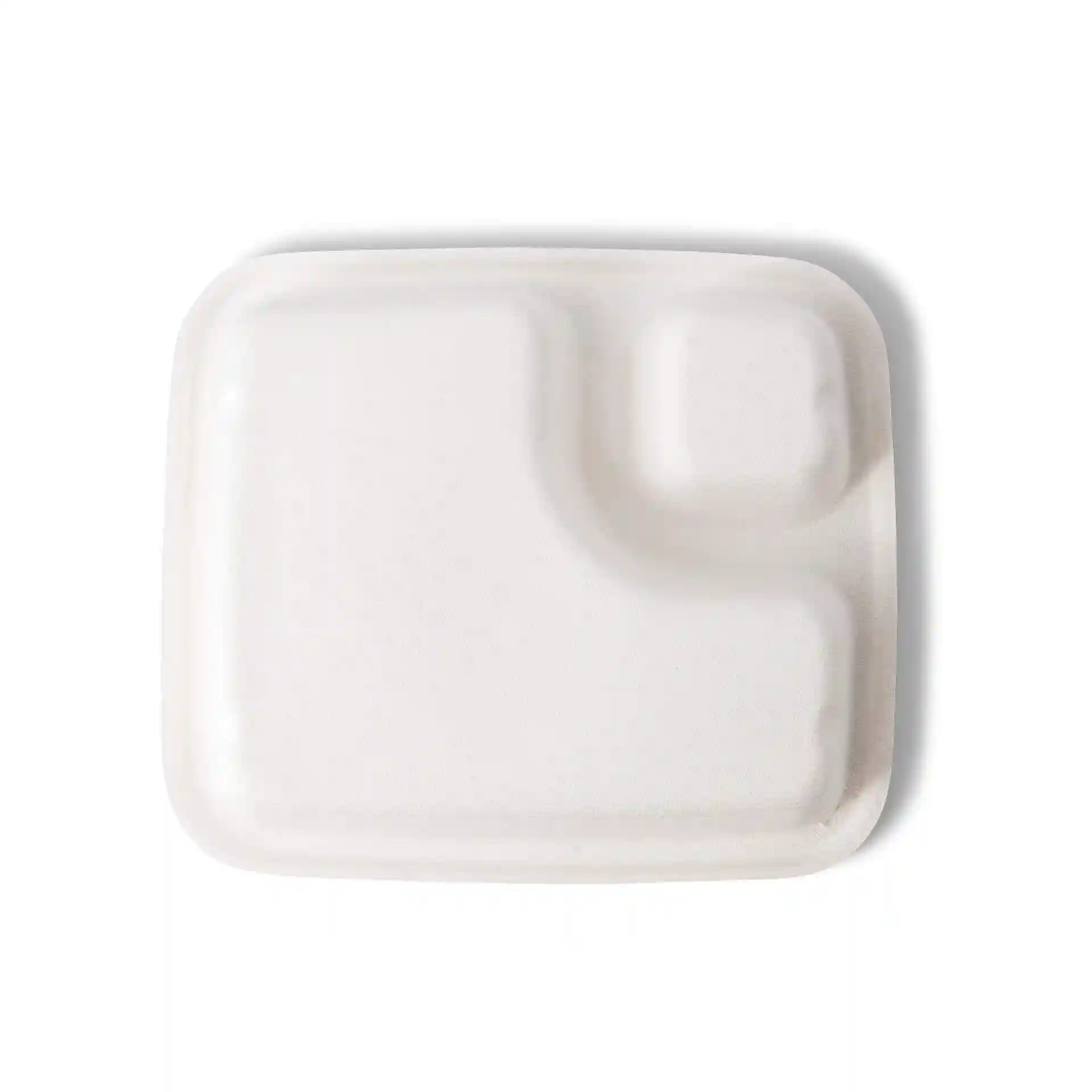 Rectangular sugarcane dip plate in white, measuring 16.5 cm x 19 cm, with a small compartment on one side.