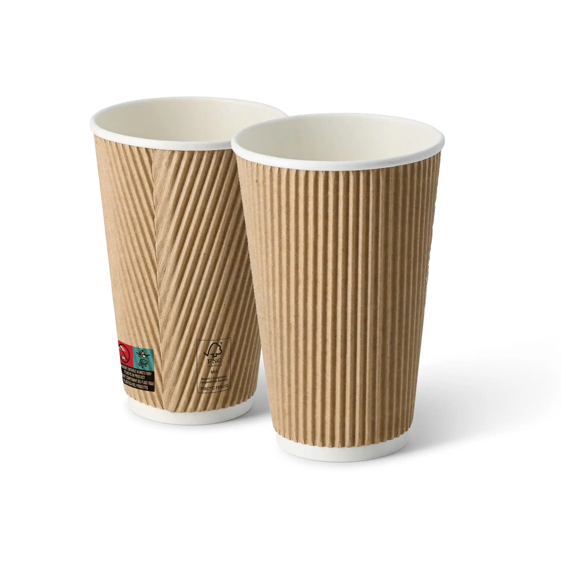 Zwei 16 Unzen braune Becher mit weißen Innenflächen und strukturierten Außenflächen zur Isolierung.