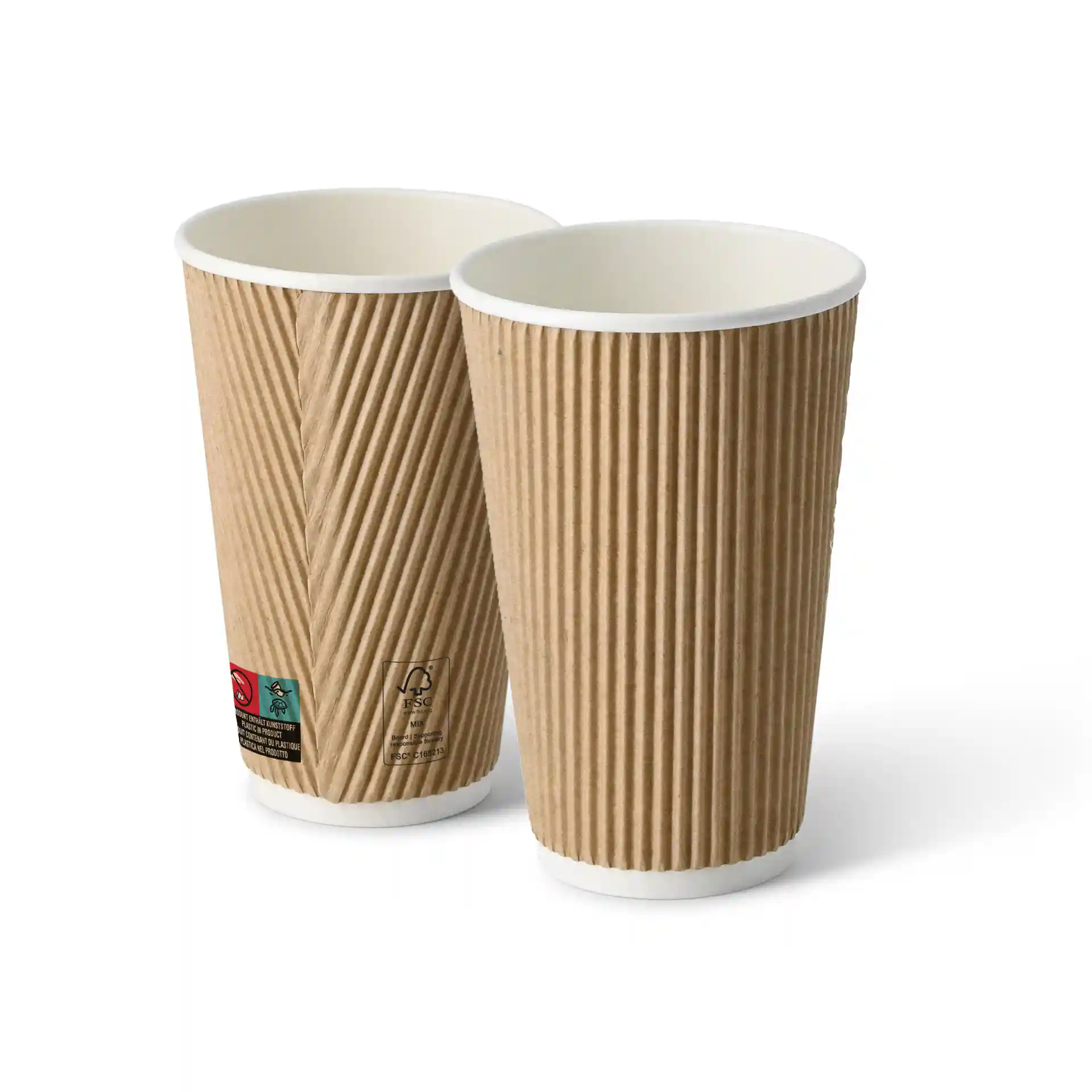 Zwei braune Becher mit Wellenstruktur und weißem Innenleben, runde Form und strukturierte Außenseite.