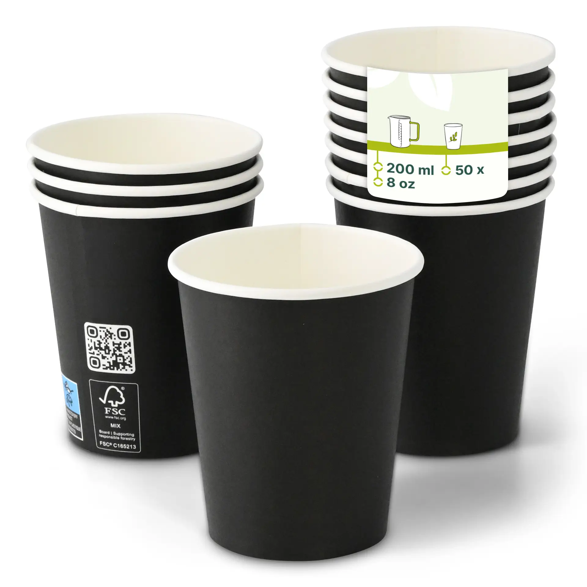 One black paper cup with a white interior, surrounded by several stacked cups; product for hot and cold drinks, 200 ml capacity.