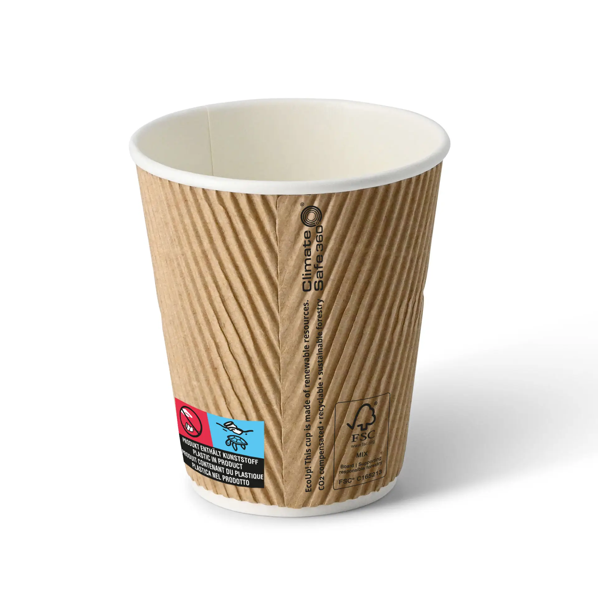 10 oz Take away coffee cups (coated) / Ripple cups, Ø 80 mm, brown, inner white con10025-01-0-riffelbecher-beschichtet-coffee-to-go-becher-250-ml-10-oz-90-mm-braun-innen-weiss-2