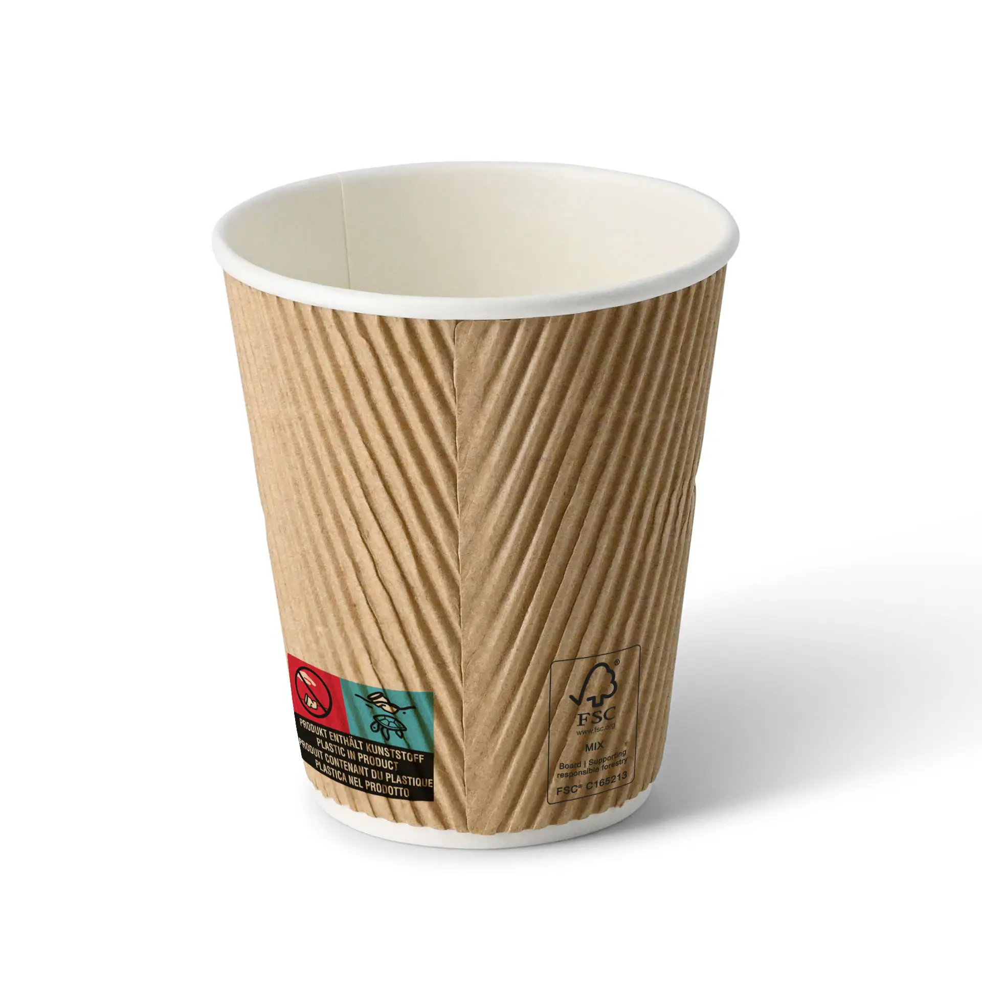 Brown ripple take away coffee cup, 10 oz size, with white interior; features insulating outer layer for hot beverages.
