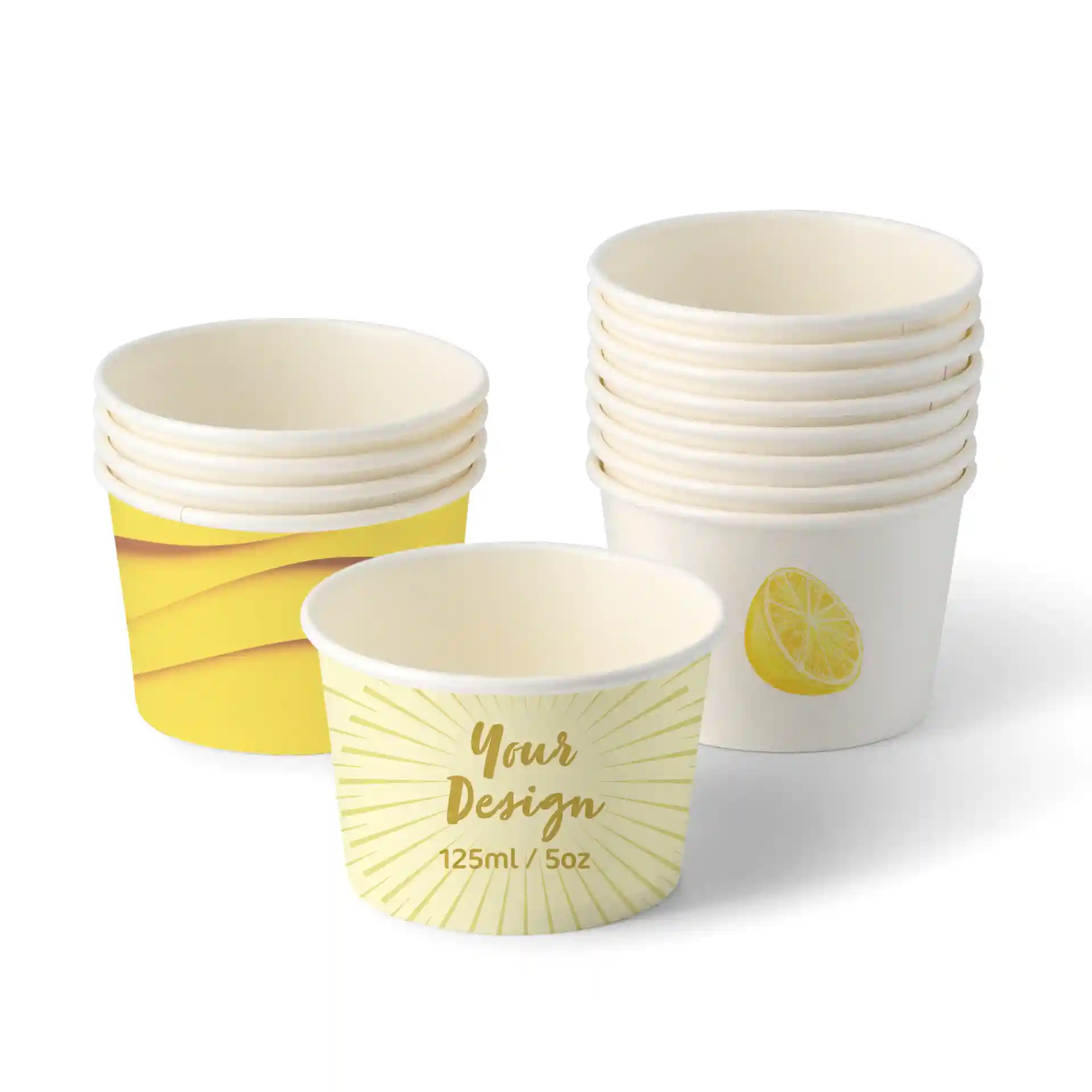 Stack of round ice cream cups in white cardboard, one cup with a lemon design and another with a sunburst pattern.