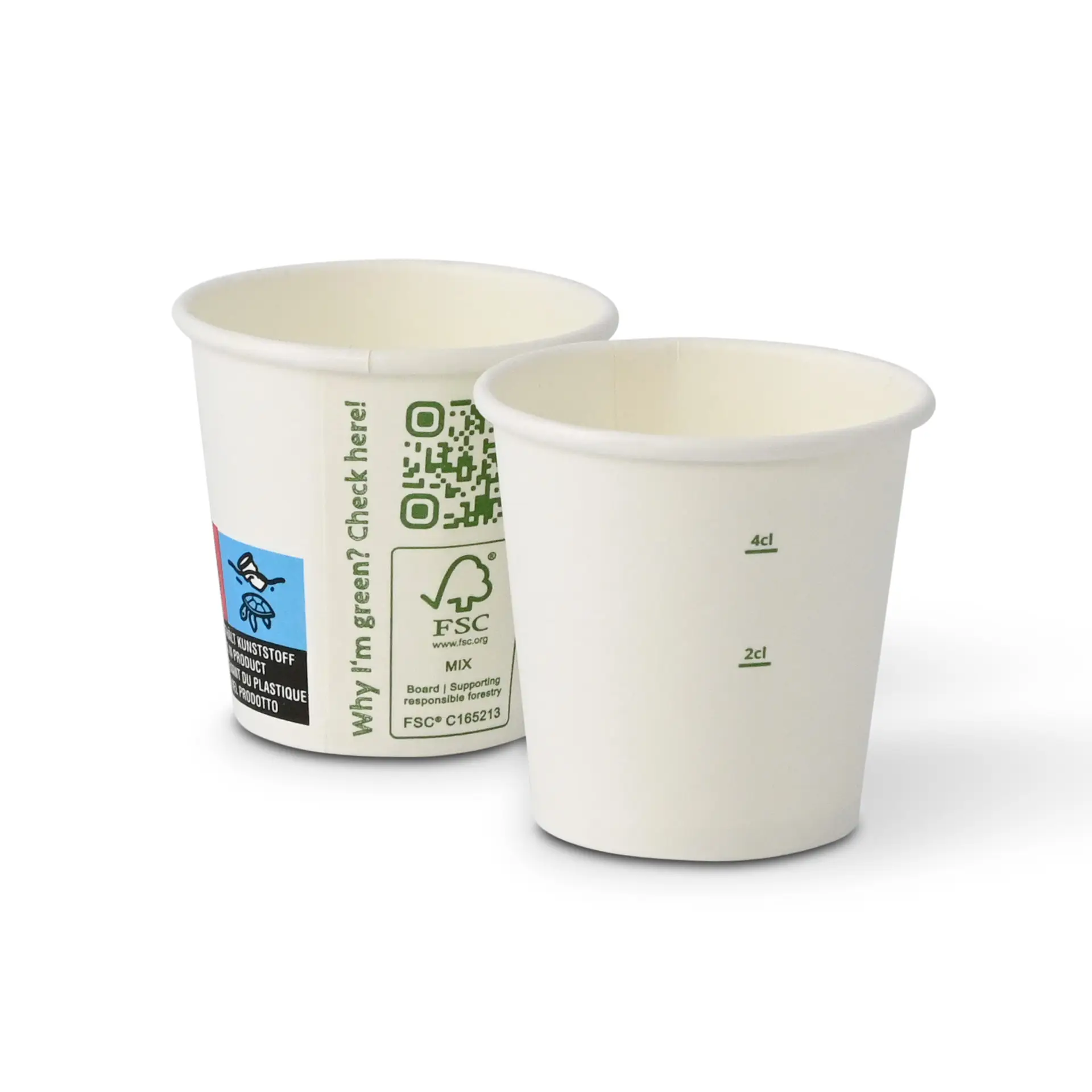 One white single-wall paper cup with PLA coating, 50 ml size, next to another similar cup; both feature QR codes and eco-labels.
