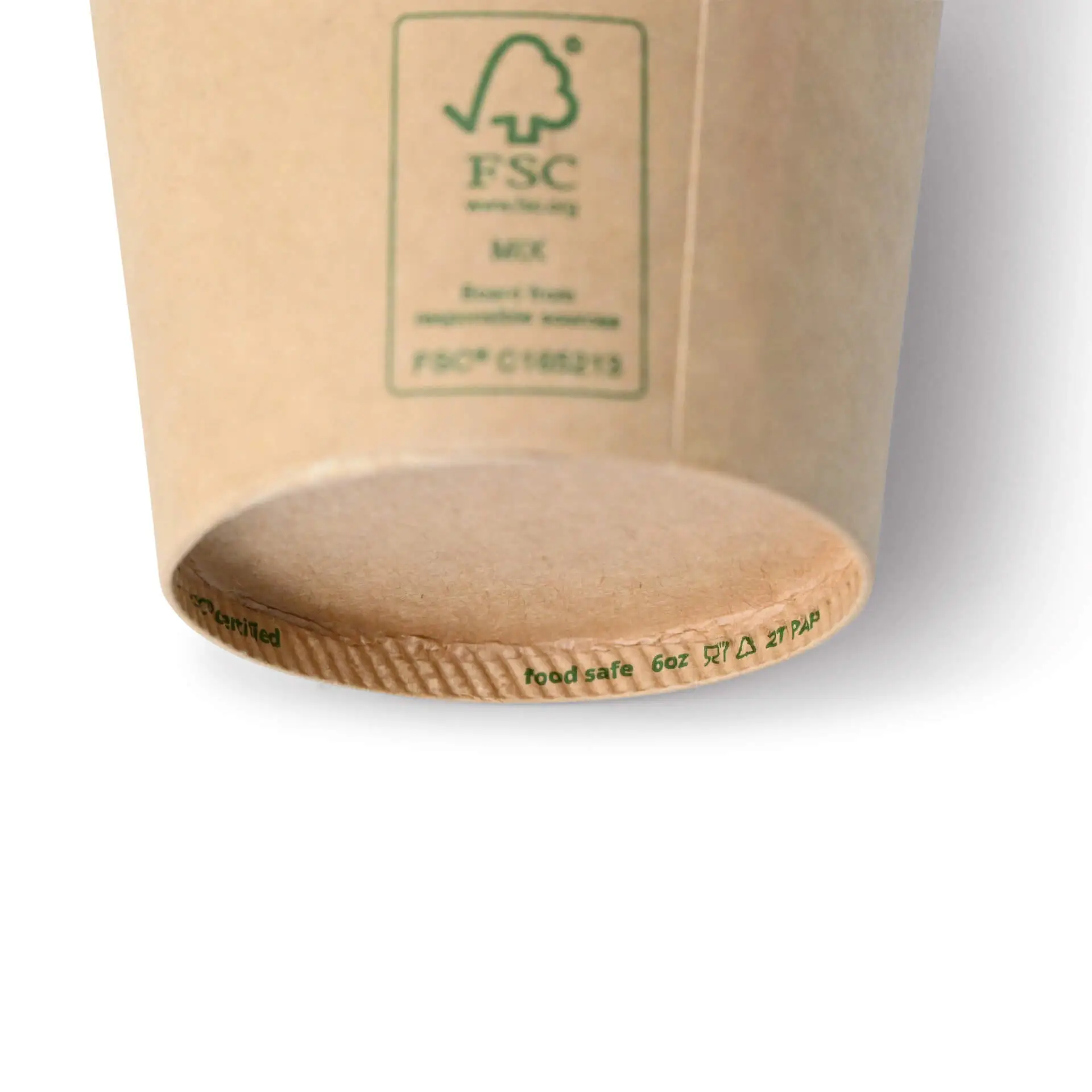 One brown, 6 oz paper cup with a PE coating; features FSC logo and text indicating it is compostable and food safe.