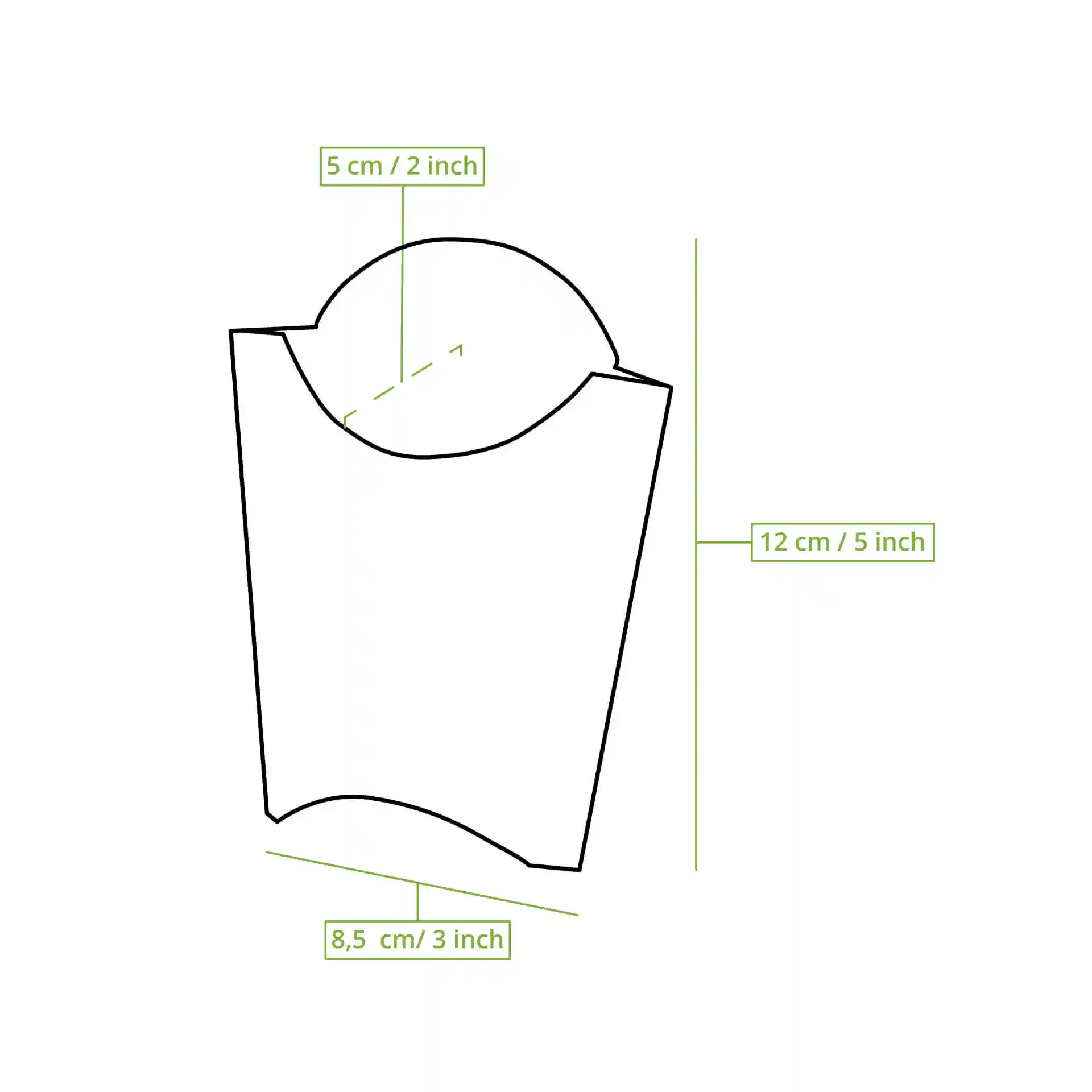 Schematische Zeichnung eines Pappschaufels mit beschrifteten Abmessungen: 12 cm Höhe, 8,5 cm Länge und 5 cm Breite.