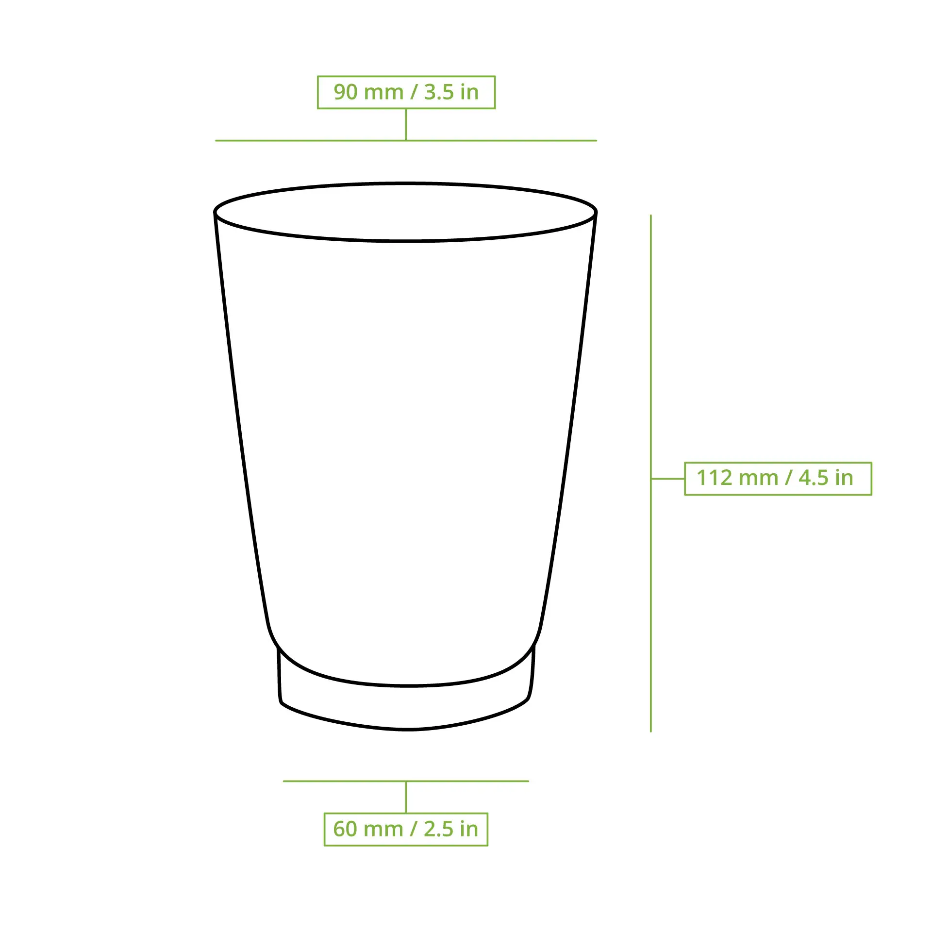 Brauner dreischichtiger Becher mit geriffeltem Design; Maße umfassen 90 mm Durchmesser und 112 mm Höhe.