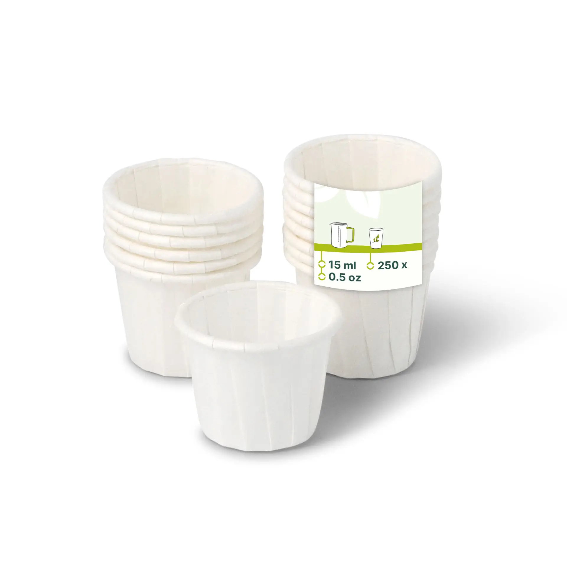 White paper cups in a stack, designed for small portions, each cup is 15 ml and made from biodegradable material.