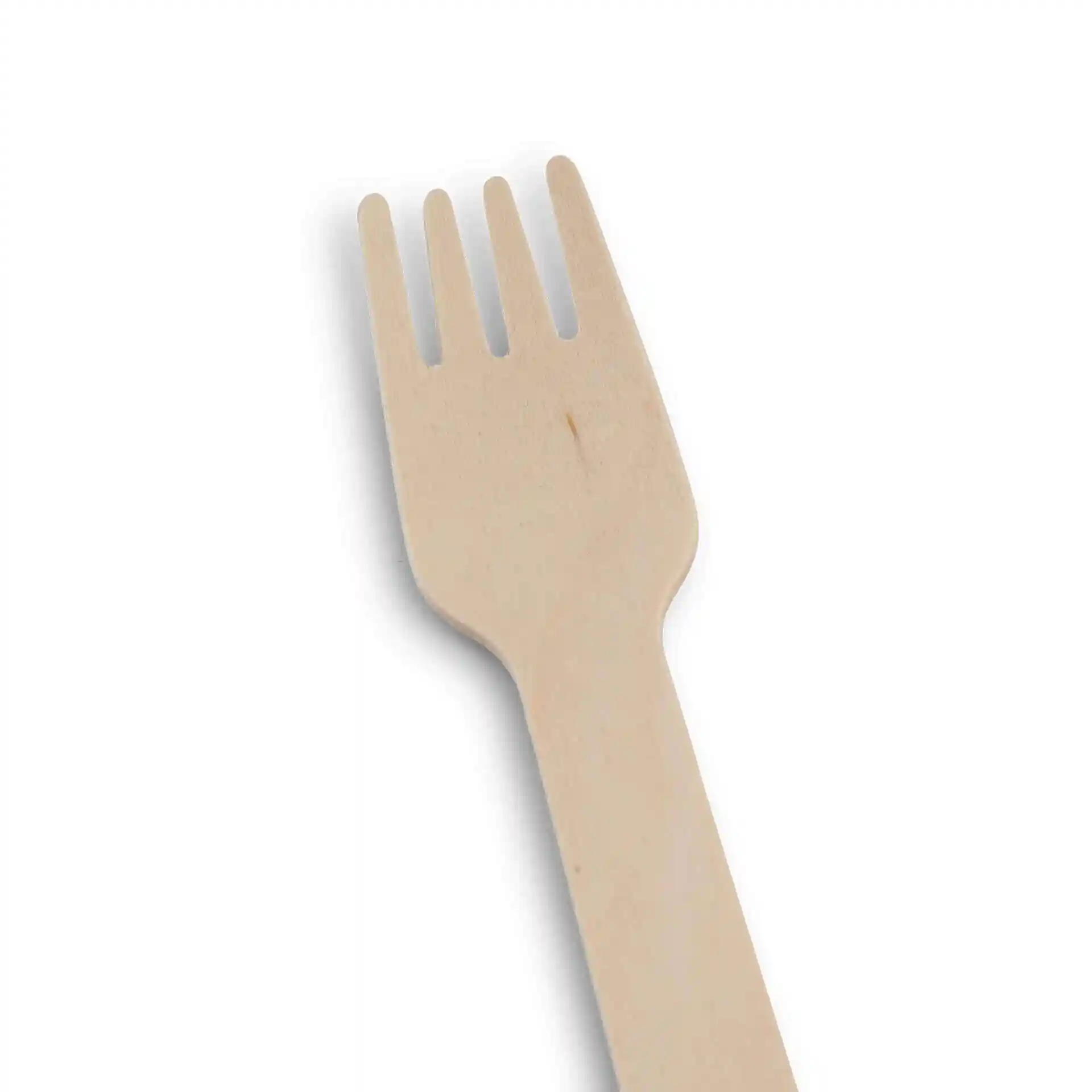 Wooden cake fork with four tines, measuring 14 cm in length, on a white background.