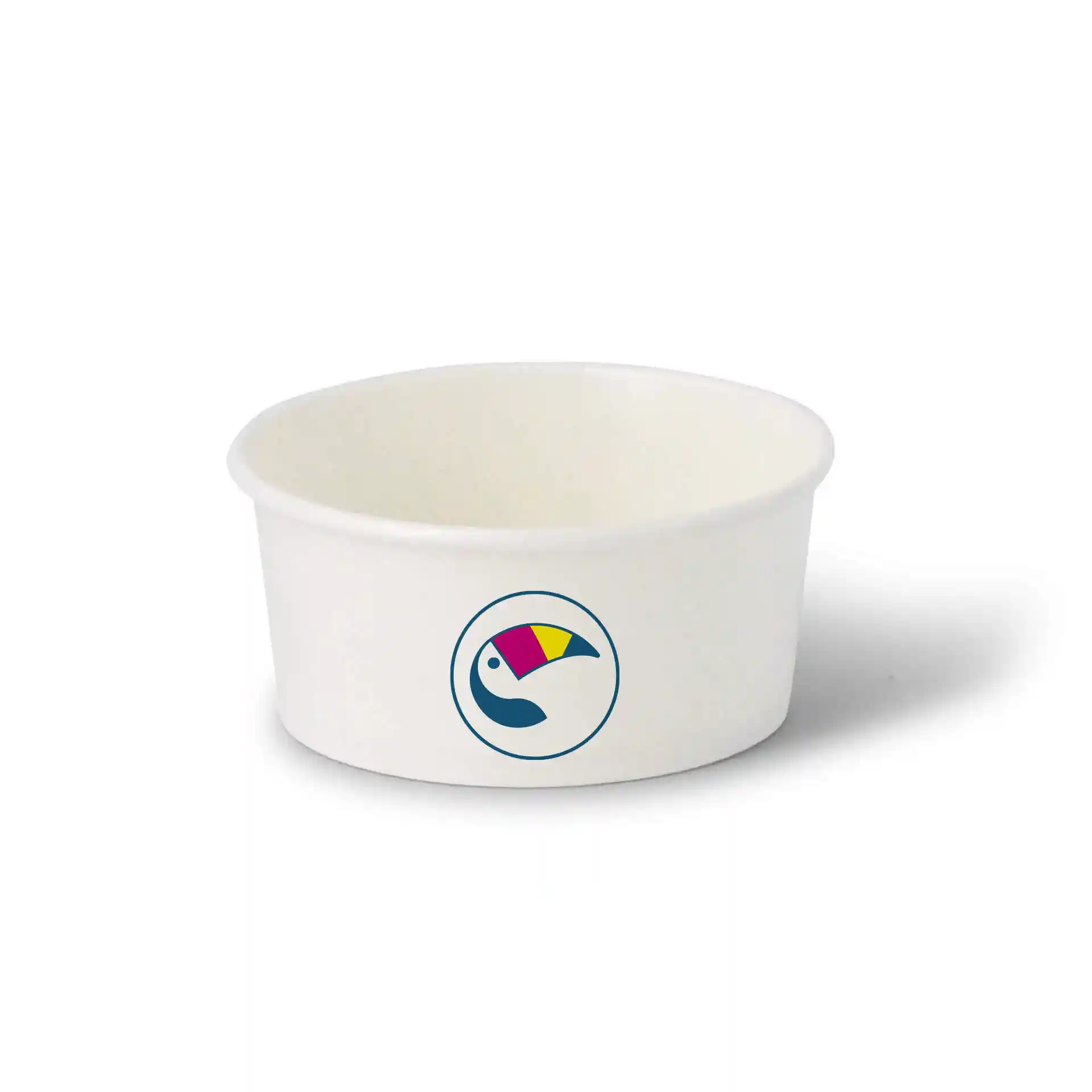 Round white cardboard ice cream cup with a colorful toucan logo, 100 ml capacity, on a plain background.