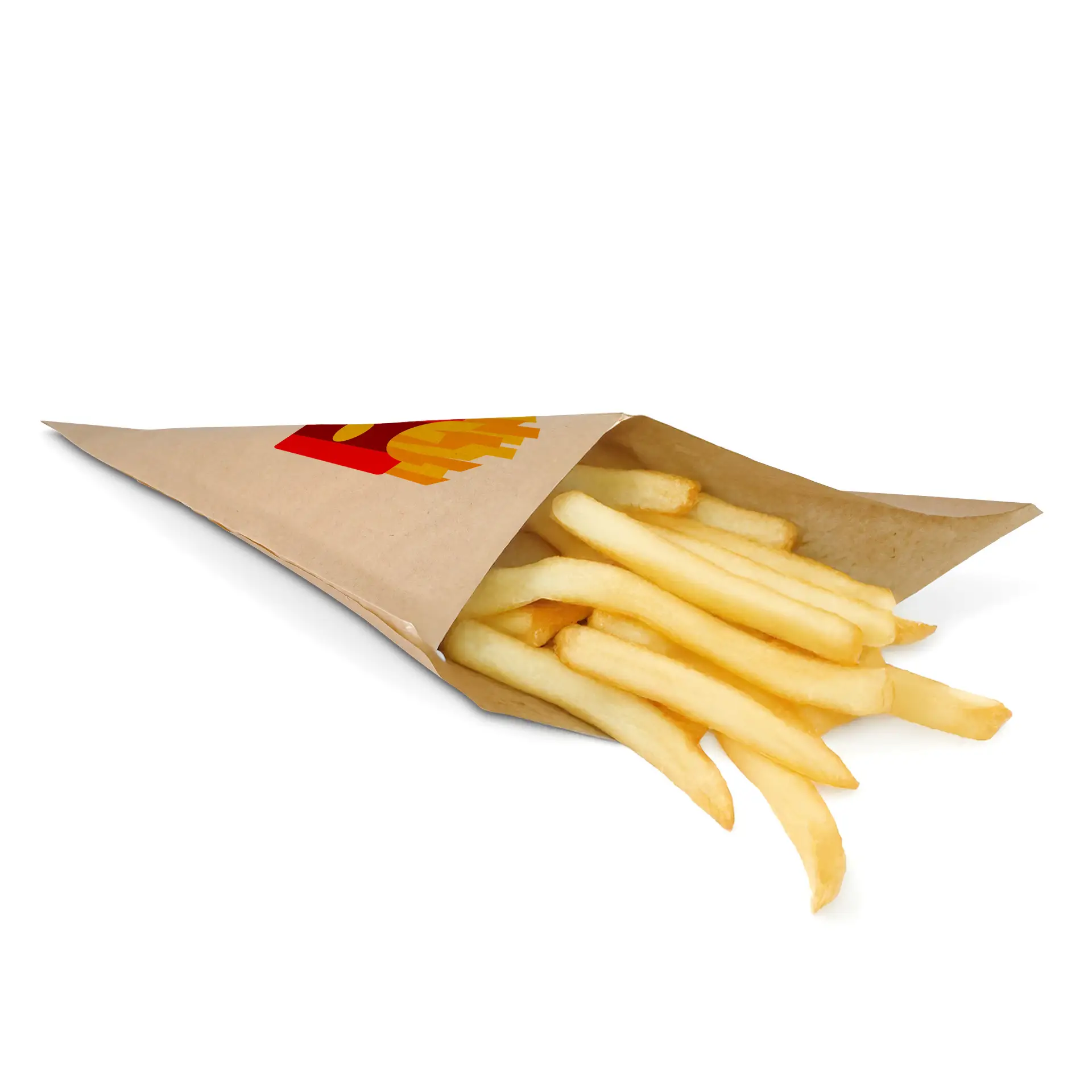 Bedruckte Papier-Tütenmitte gefüllt mit Pommes Frites, mit Logodesign, auf weißem Hintergrund platziert.