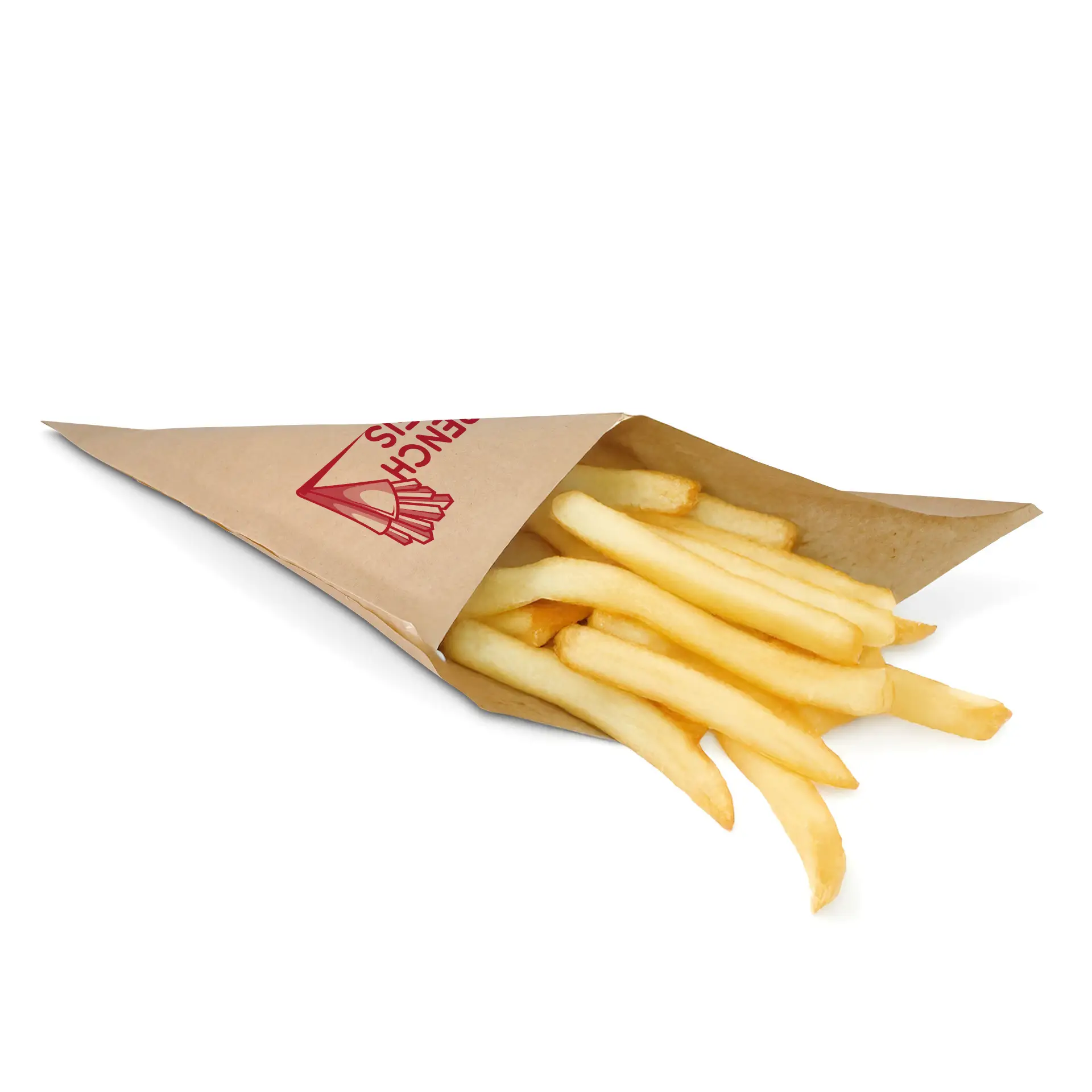 Printed paper cone bag filled with French fries, featuring a logo design, placed on a white background.
