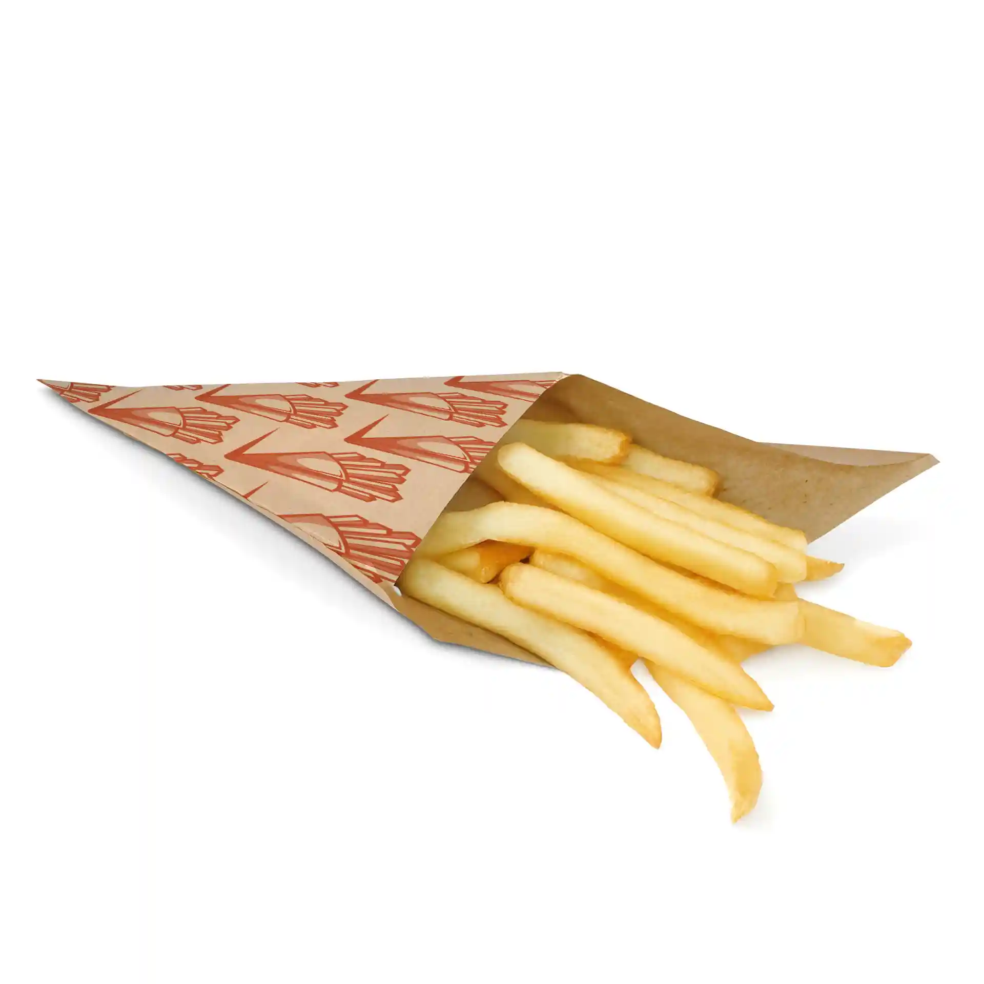 Brown printed paper cone filled with French fries, measuring 23 cm in length and width.