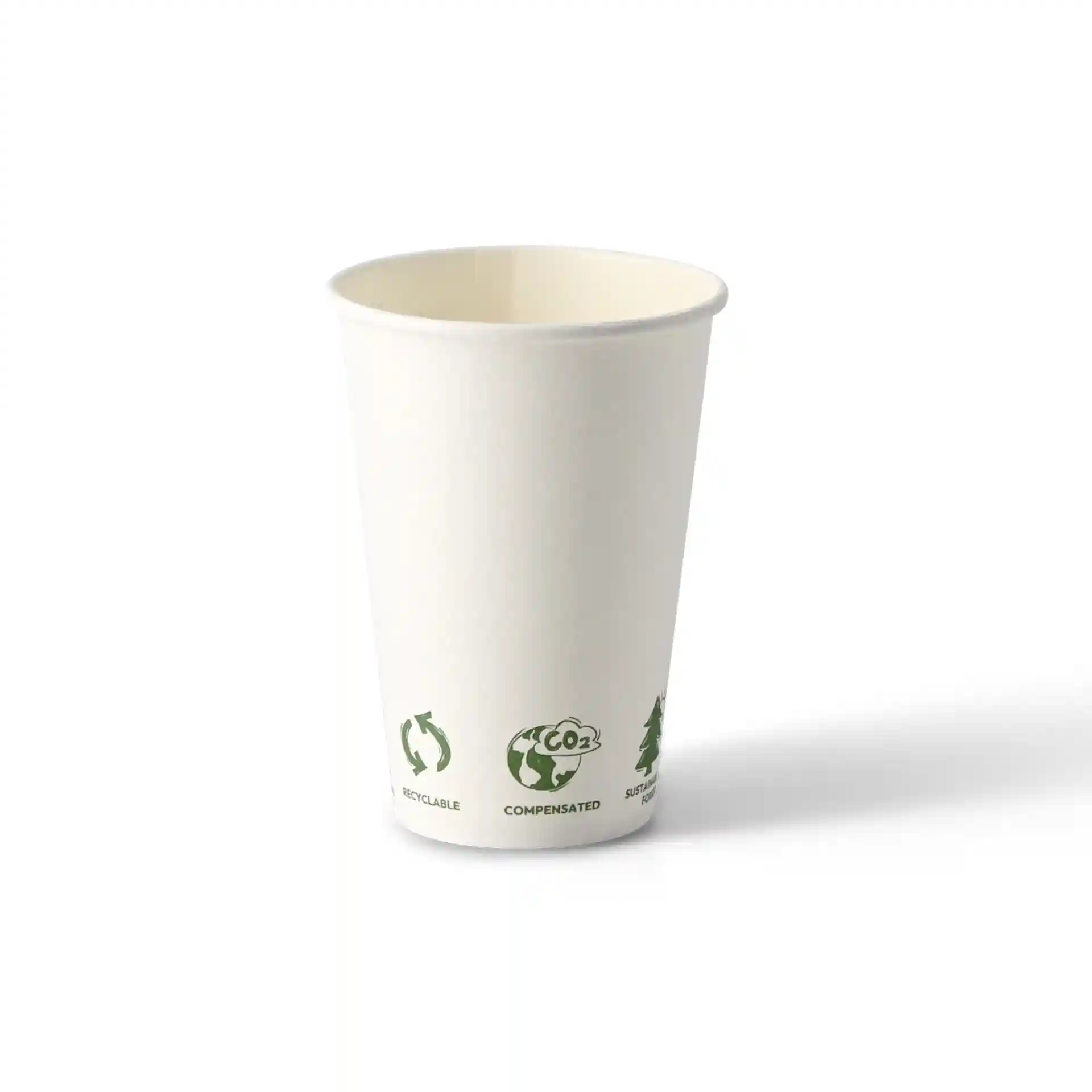 Weißer Einwand-Becher mit einem Durchmesser von 70 mm und einer Höhe von 97 mm, mit grünen Symbolen am Boden.