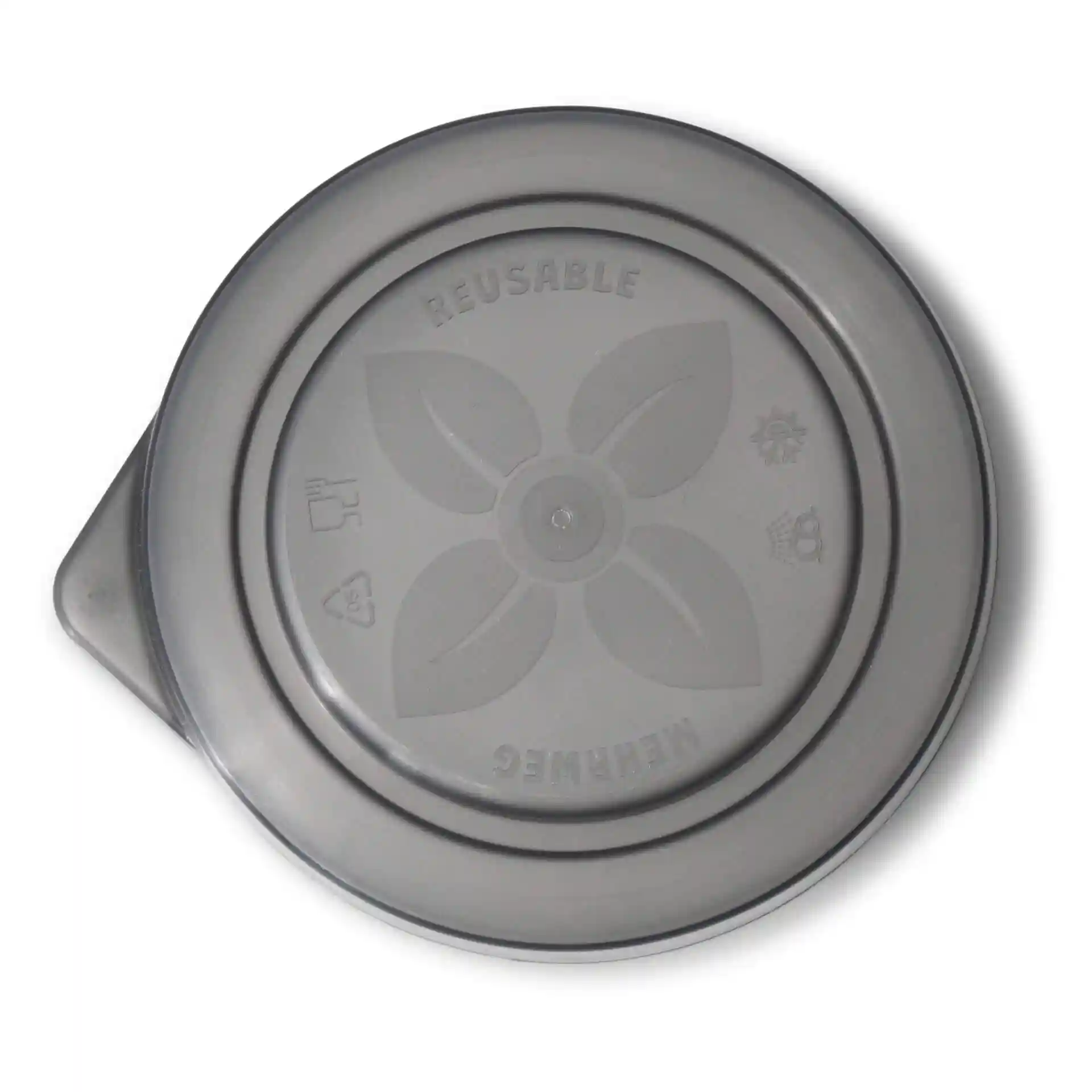 Round grey reusable lid made of PP, with a diameter of 95 mm and a height of 15 mm.