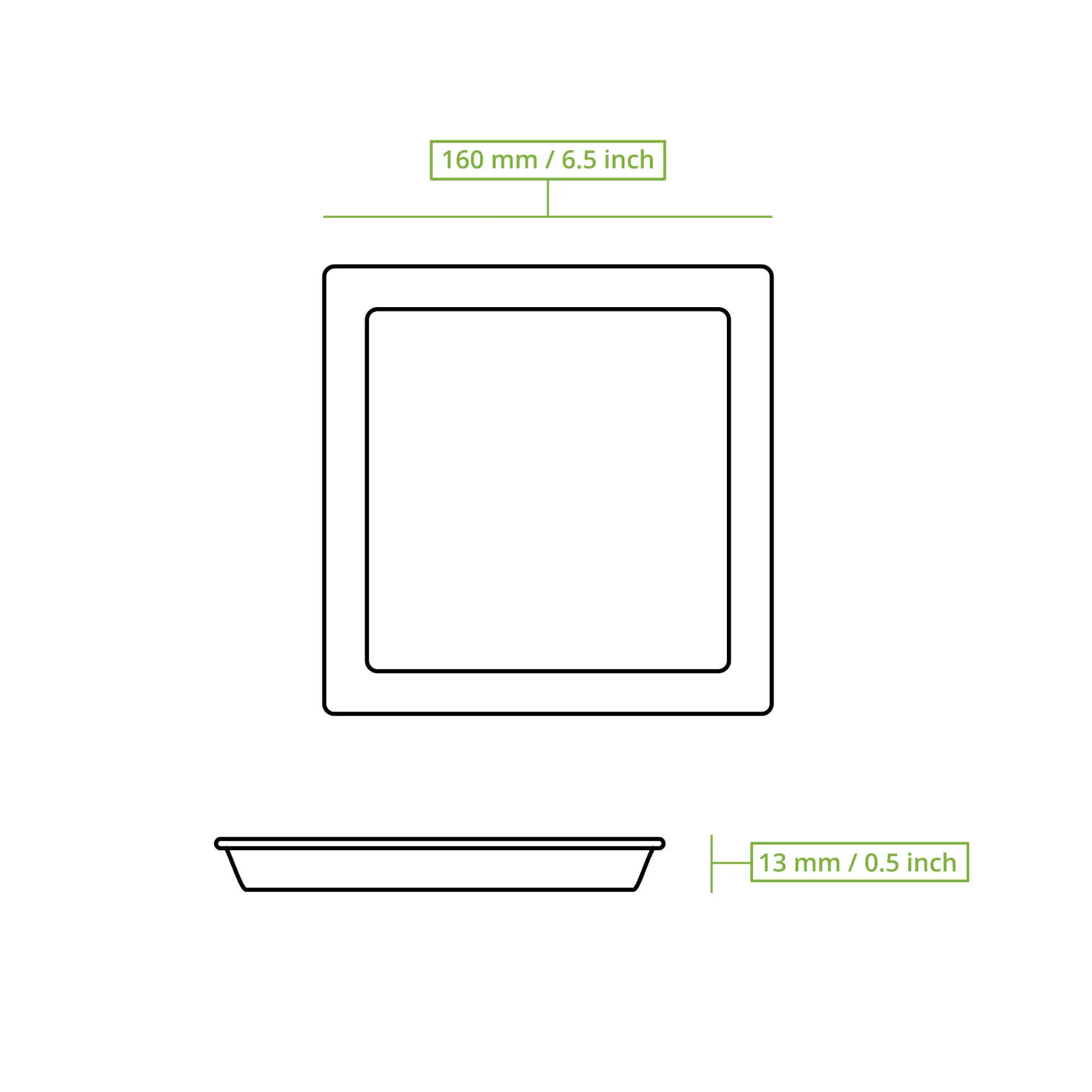 Square sugarcane plate, 16 cm wide, illustrated with dimensions and flat base for hot or cold dishes.