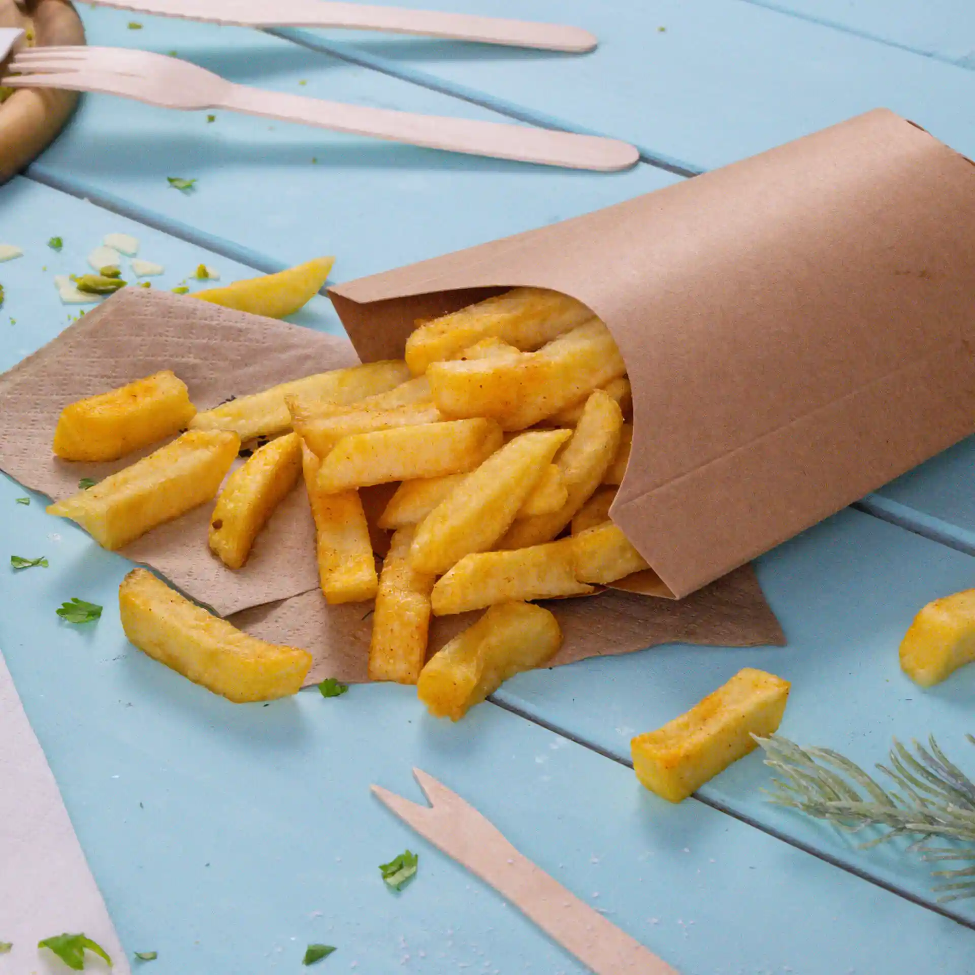 Brauner Pappbehälter mit herausfallenden Pommes frites, auf einer blauen Oberfläche mit verstreutem Petersilie.