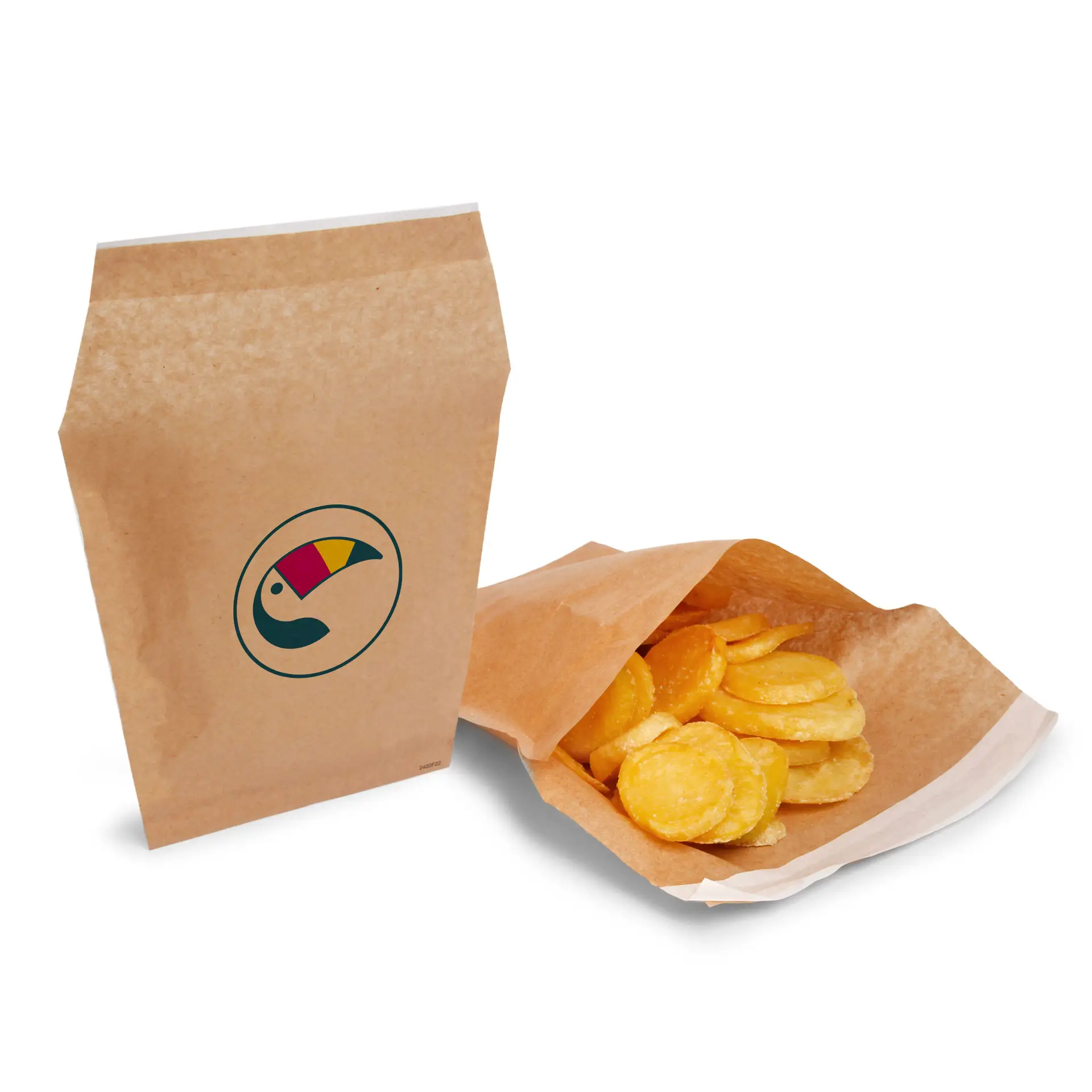 Printed French fry bags, 17.5 x 16 cm, brown, adhesive closure