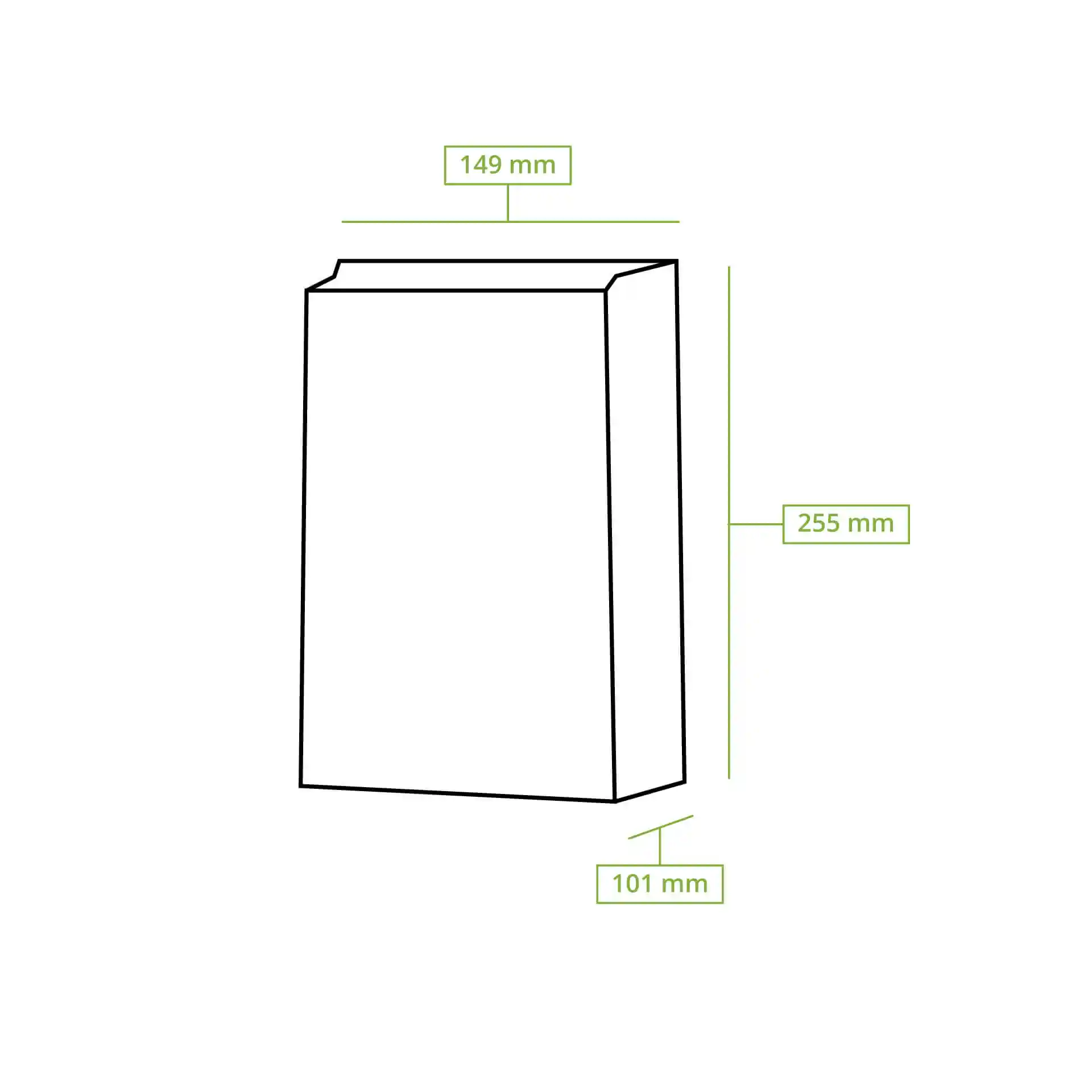 Schematic drawing of a block bottom bag with dimensions 150 mm length, 255 mm height, and 100 mm width.
