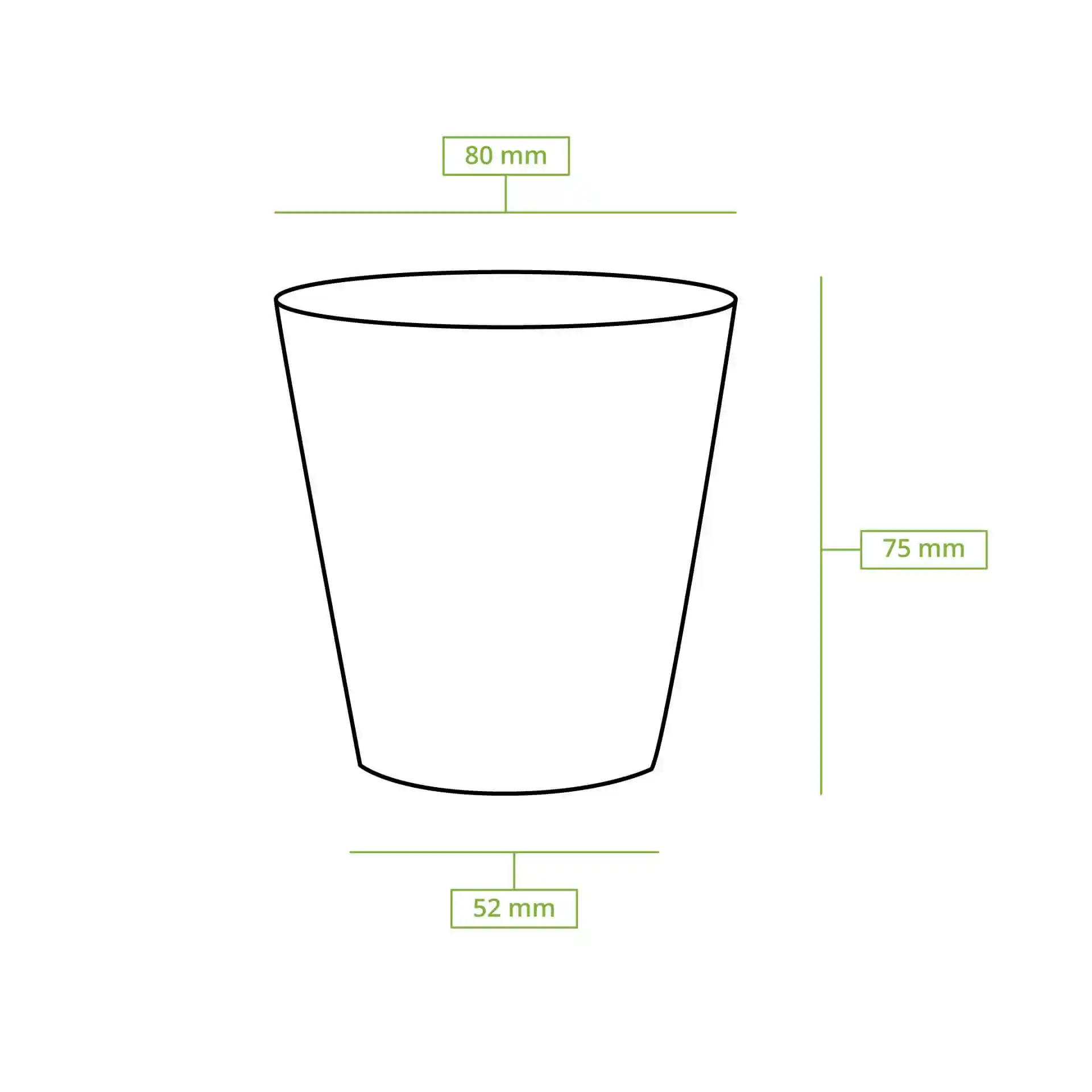 Schematic drawing of a paper cup with dimensions: height 77 mm, top diameter 80 mm, and base diameter 52 mm.