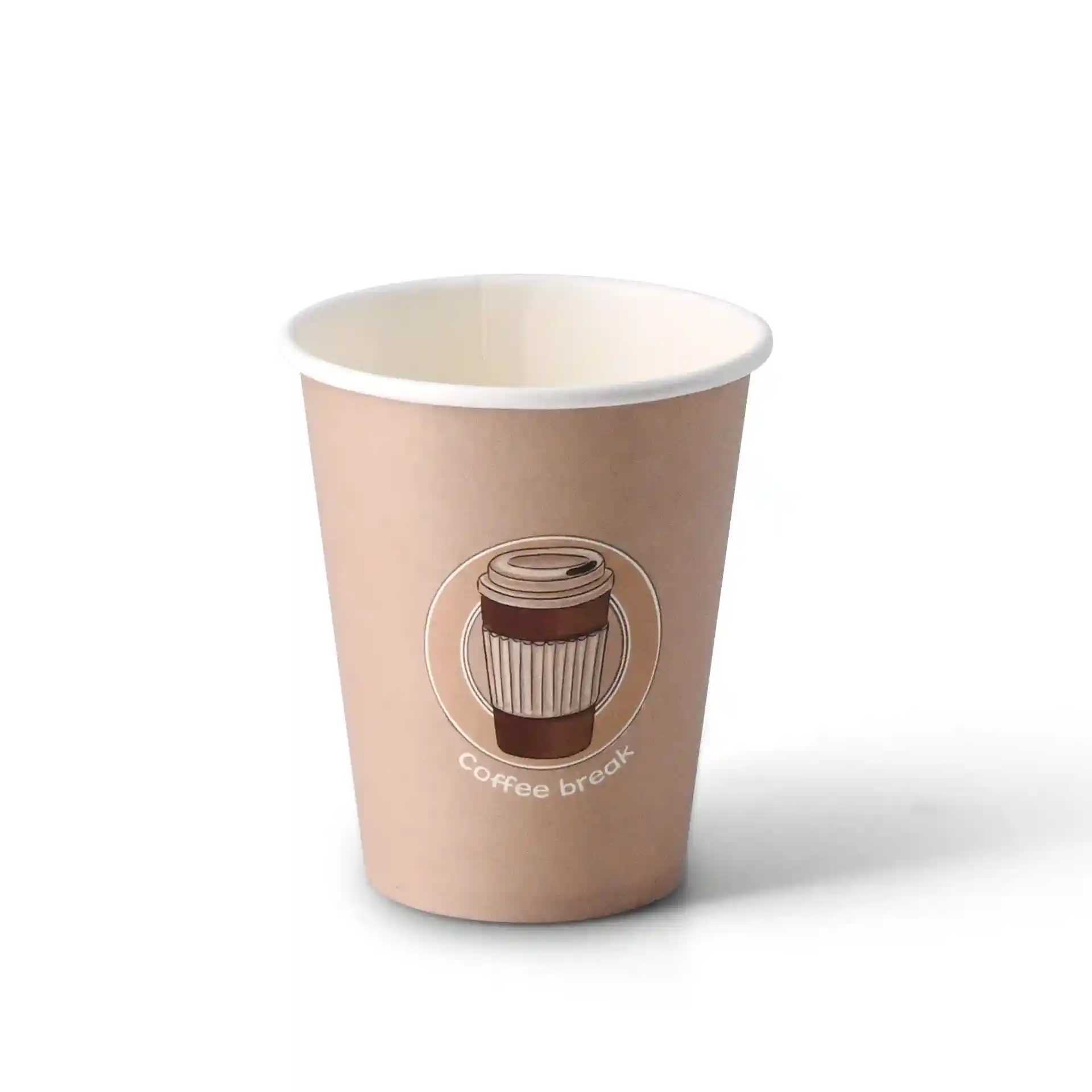 Brauner Becher aus Papier mit einem gedruckten Kaffeebecher-Design und dem Text "Kaffeepause" auf weißem Hintergrund.