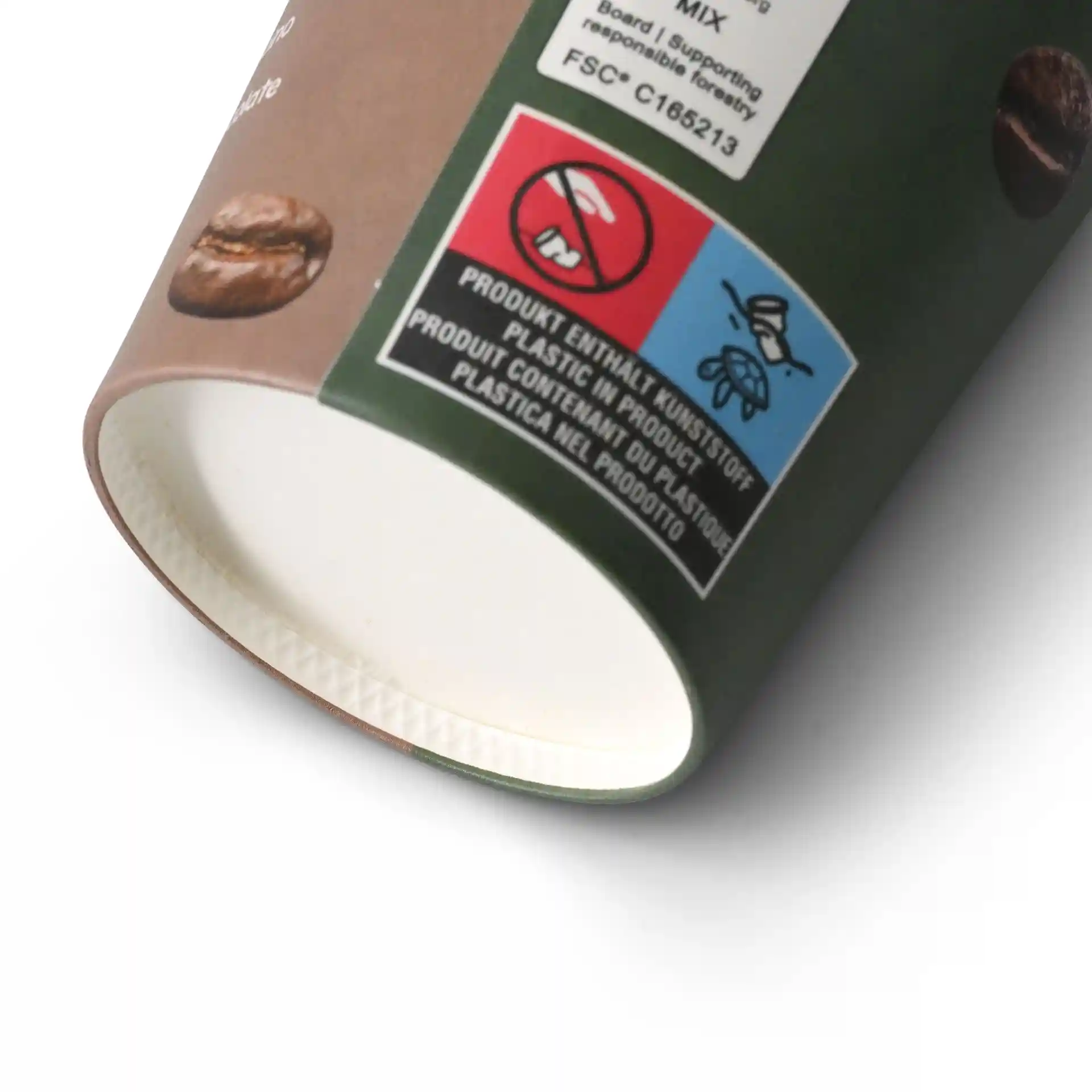 Runder 8 oz Papierbecher mit bedrucktem Design, weißem Innenraum und sichtbaren Etiketten außen.
