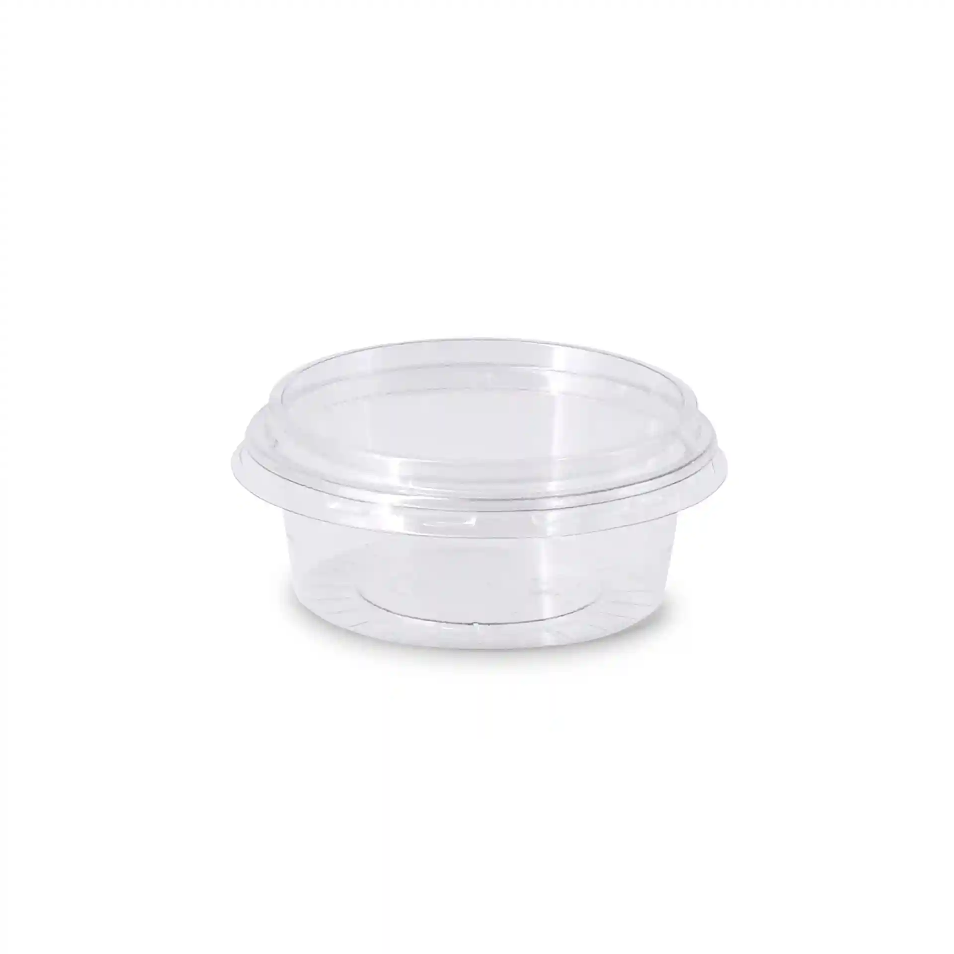 Klarer runder Dip-Topf mit einem Durchmesser von 75 mm und einer Höhe von 26 mm, aus rPET-Material gefertigt.