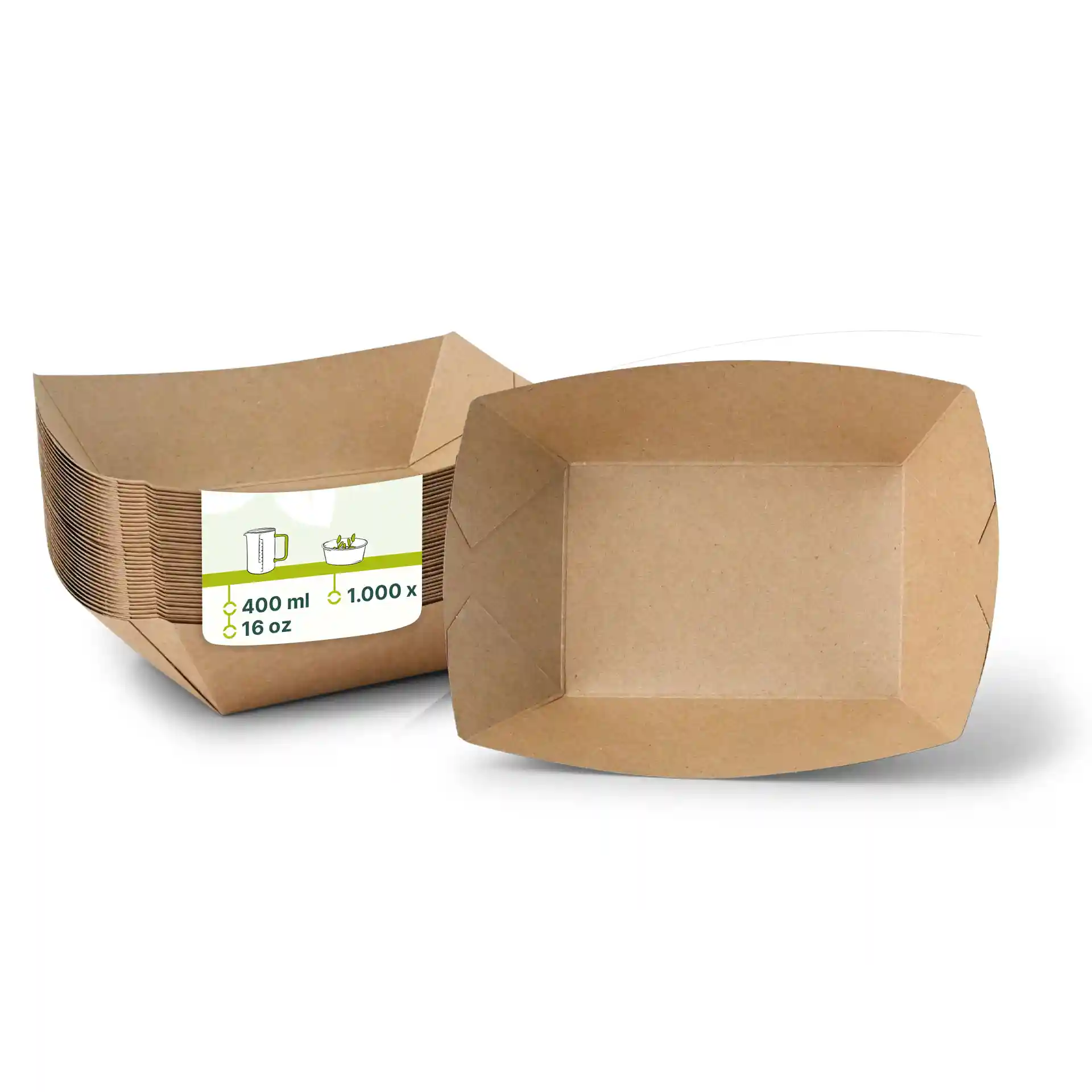Brown rectangular cardboard food trays stacked, with one tray shown upright and a label indicating 400 ml capacity.