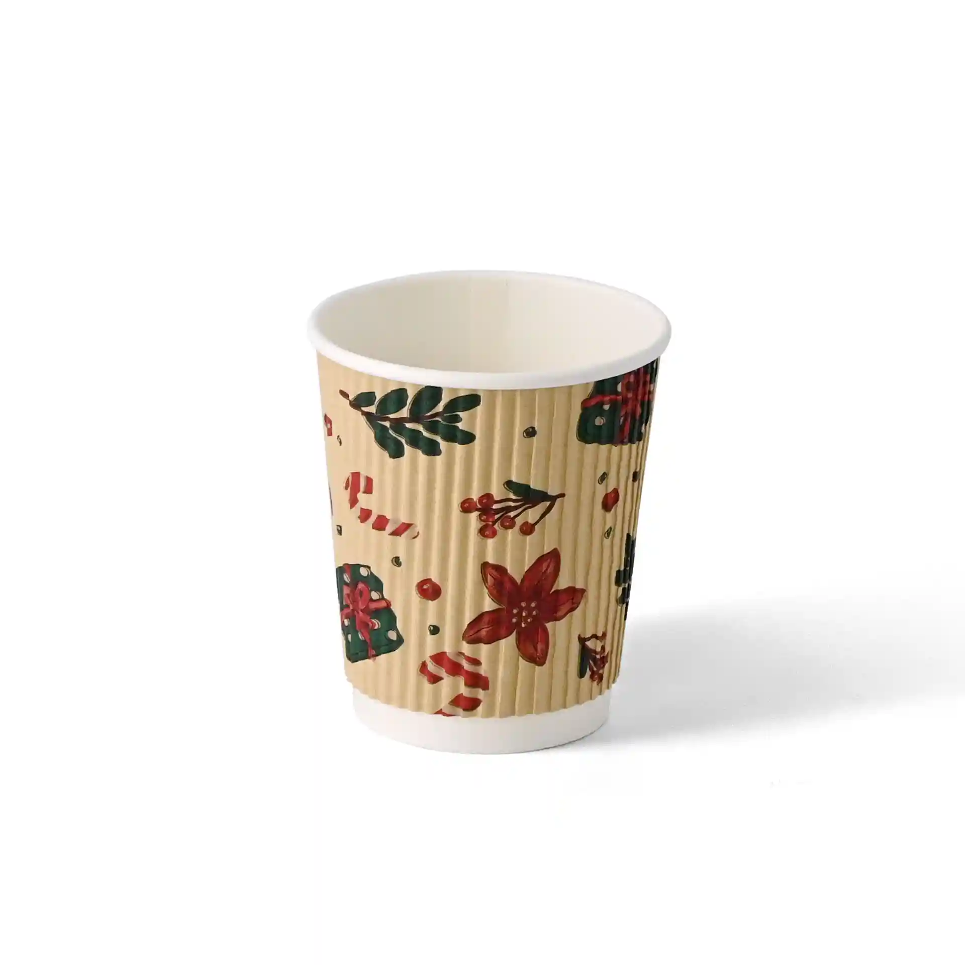 Brauner Wellenbecher mit Winterdesign, 200 ml Fassungsvermögen, mit verschiedenen festlichen Mustern auf der Außenseite.