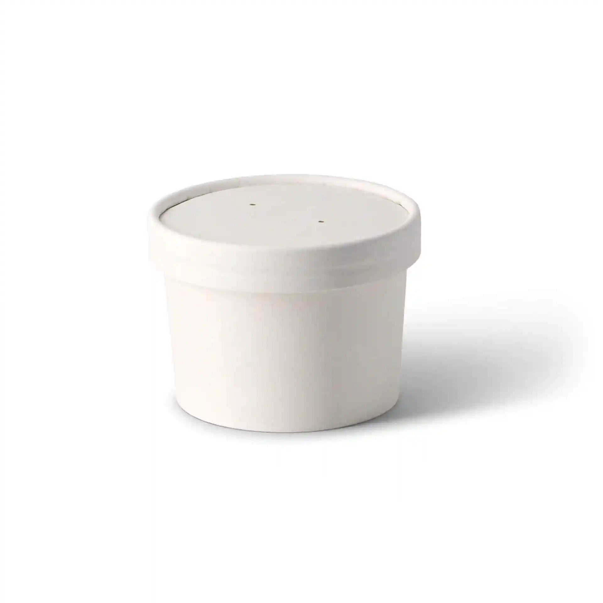 Runder weißer Pappbehälter für Takeaway-Suppe mit beschichteter Oberfläche und flachem Deckel.