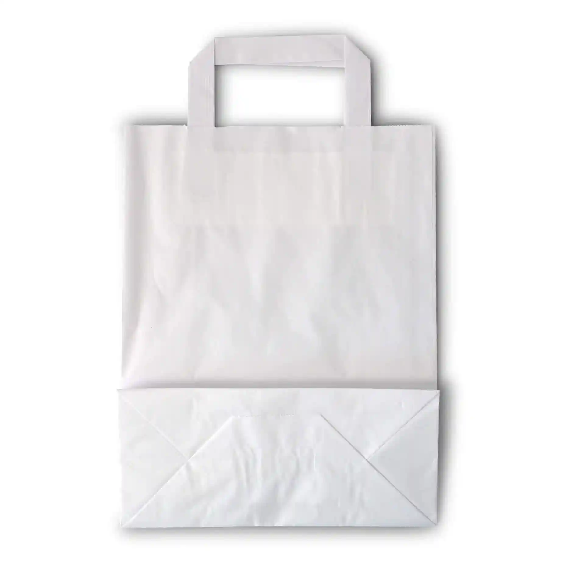White kraft paper carrier bag with a rectangular base and short handles, measuring 22 x 10 x 28 cm.