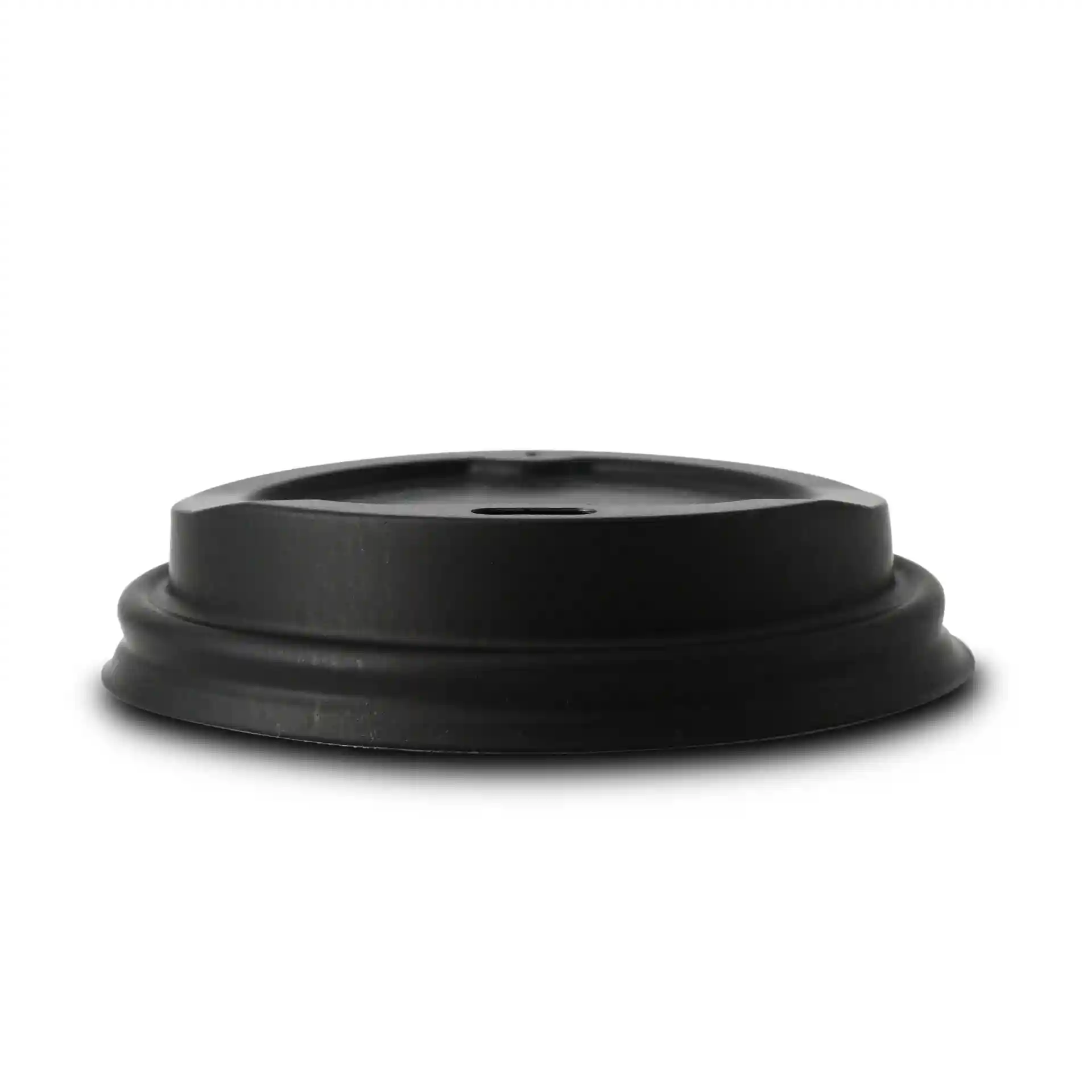 Black PS lid with a diameter of 80 mm and a drinking hole, shown from the side on a white background.