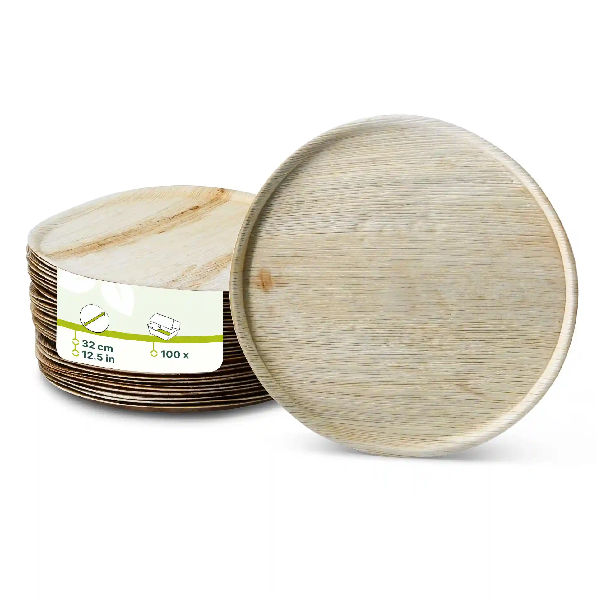 Round palm leaf pizza plate with a diameter of 32 cm, showing a stack of multiple plates and a label.