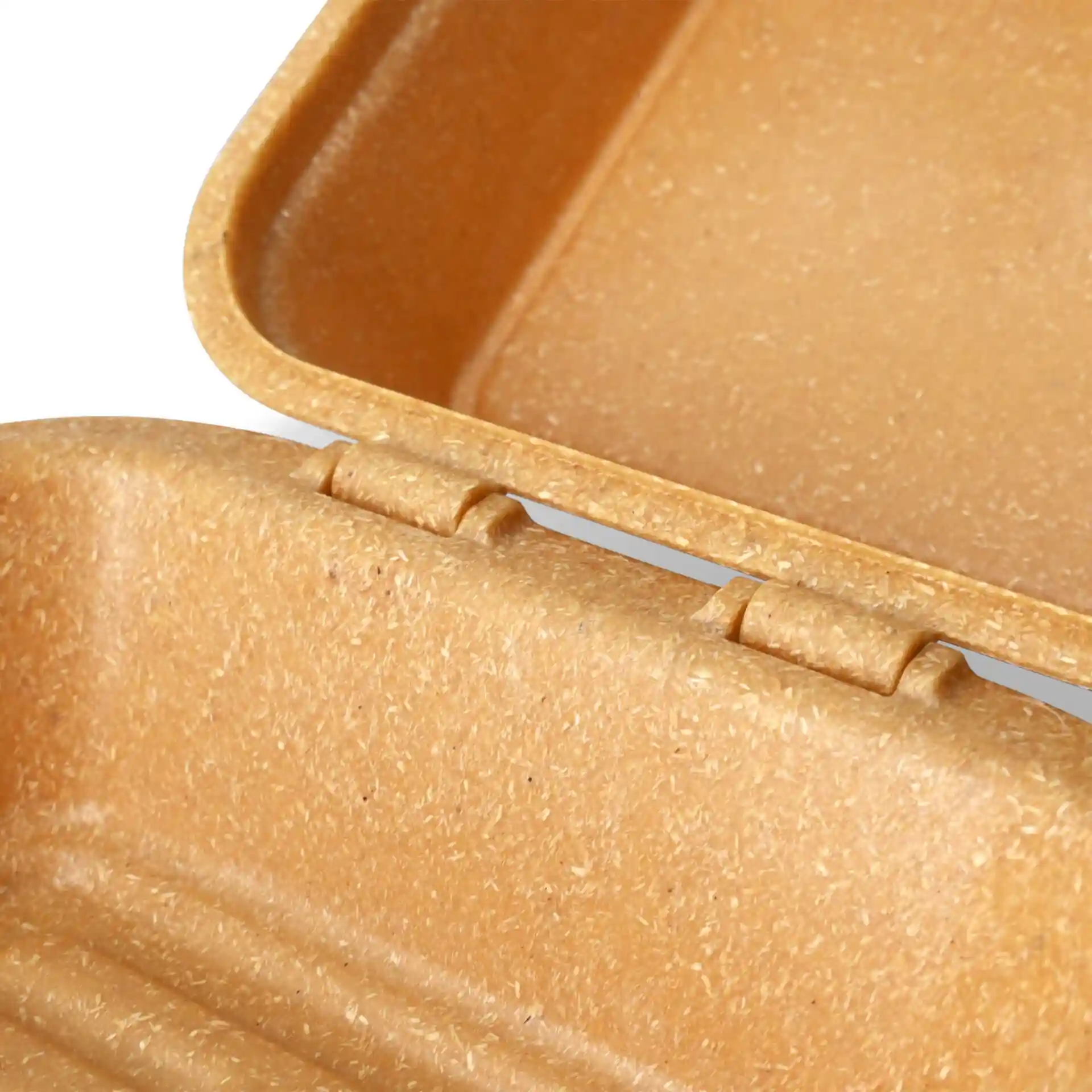 Braune wiederverwendbare Burgerbox mit Klappdeckel, aus biologischem Verbundmaterial, zeigt Innendetails.