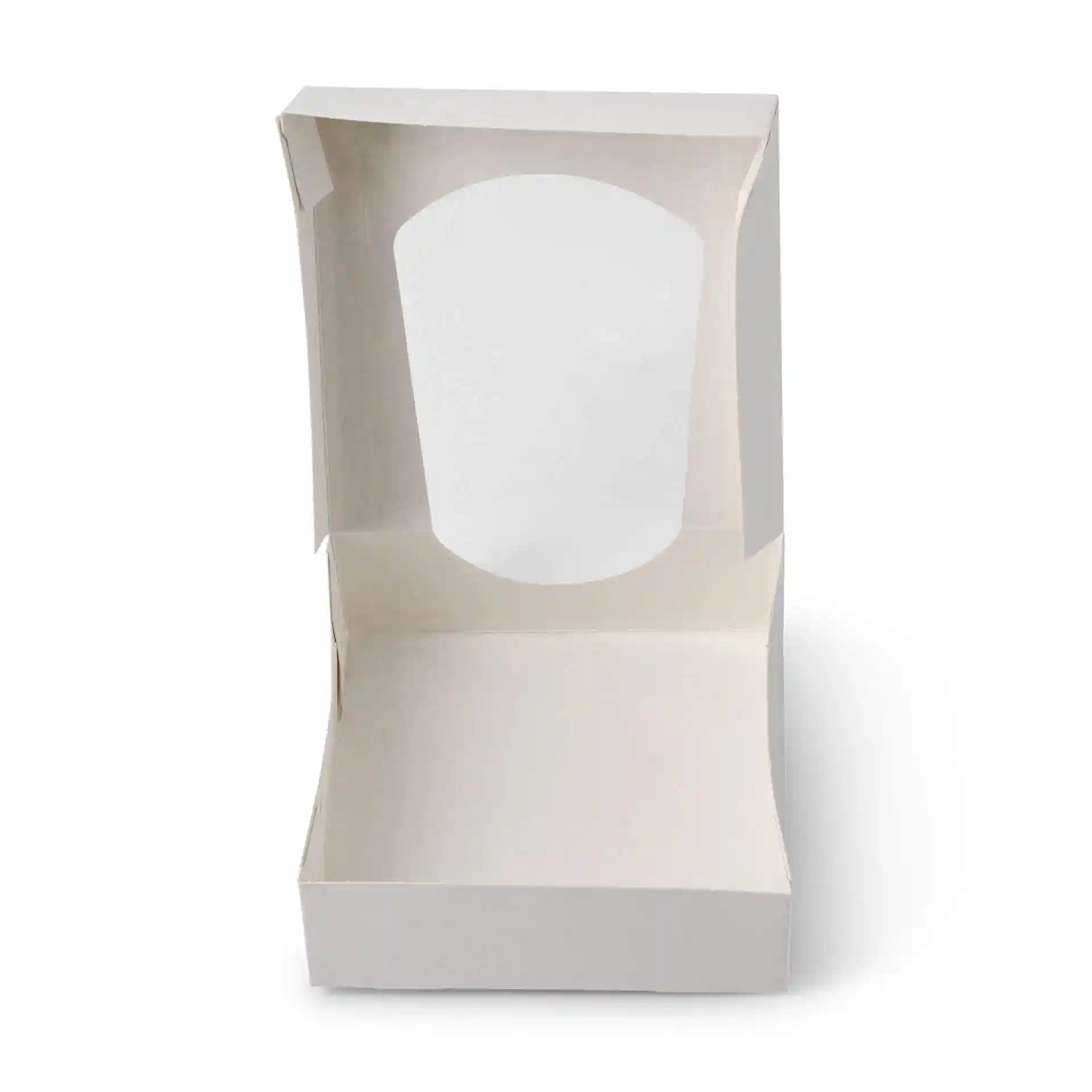 Weißer Kartonfensterbox in rechteckiger Form mit klarem Zellulosefenster, 12 x 12 x 4 cm groß.