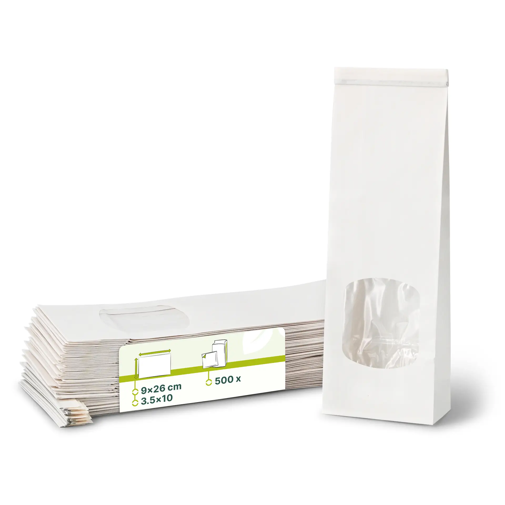 Blockbeutel m. Fenster S, 9 x 4,5 x 26 cm, PP-Folie, weiß, Clipband, Kraftpapier Blockbeutel m. Fenster S, 9 x 4,5 x 26 cm, PP-Folie, weiß, Clipband, Kraftpapier