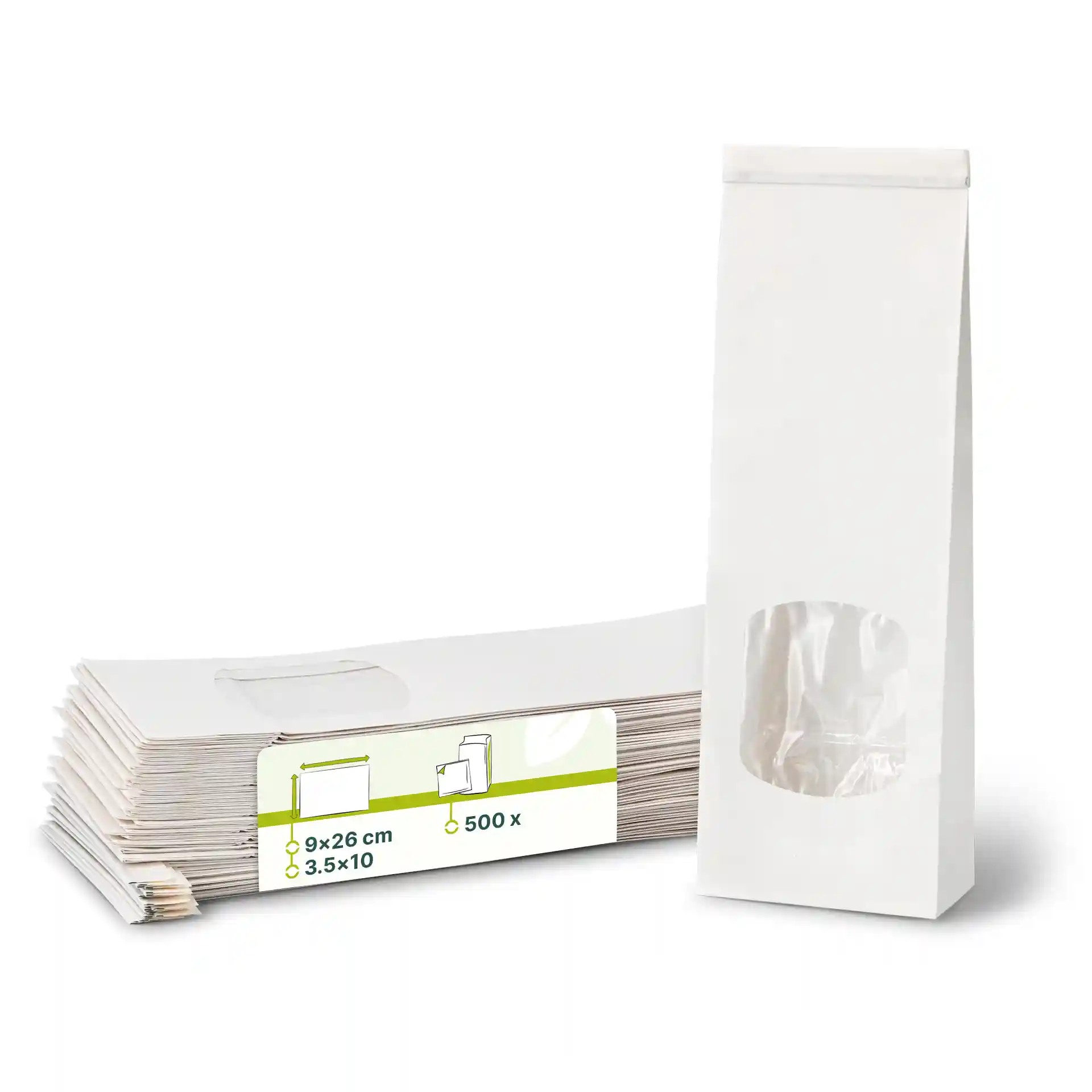 White block bottom bags with a window, measuring 9 x 26 cm, stacked with a visible label.